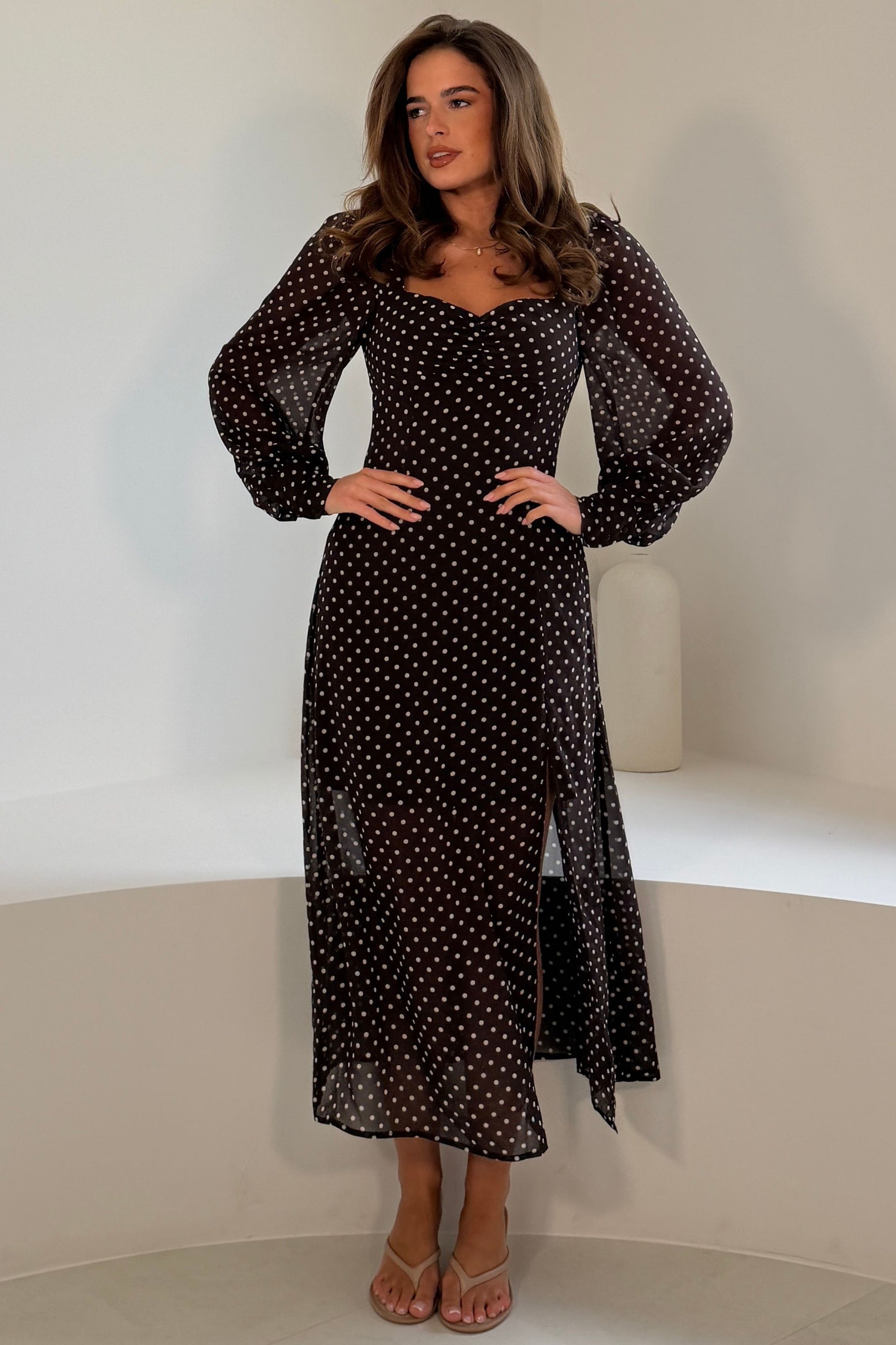 Olive Polka Dot Sweetheart Long Sleeve Midi Dress Brown