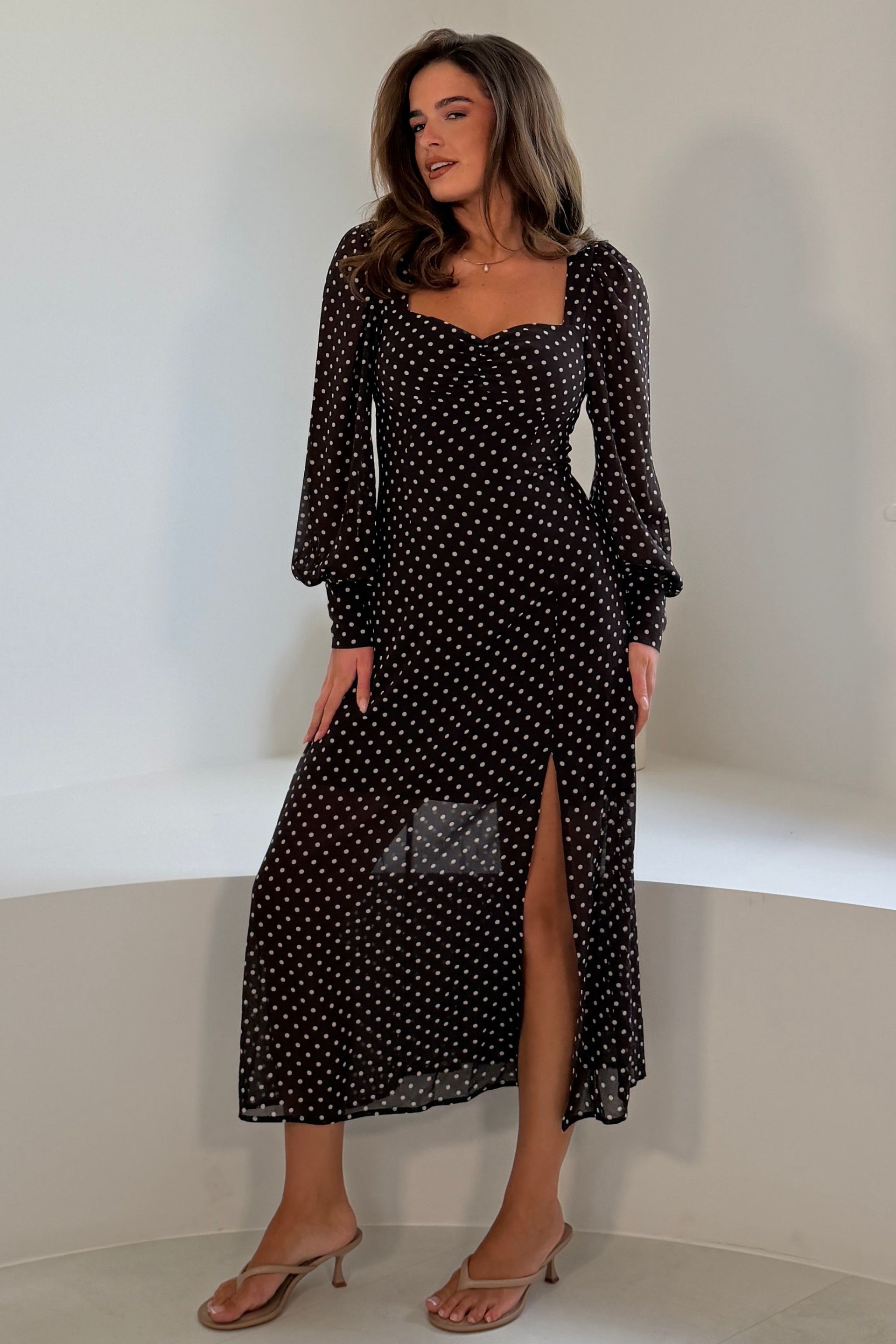 Olive Polka Dot Sweetheart Long Sleeve Midi Dress Brown