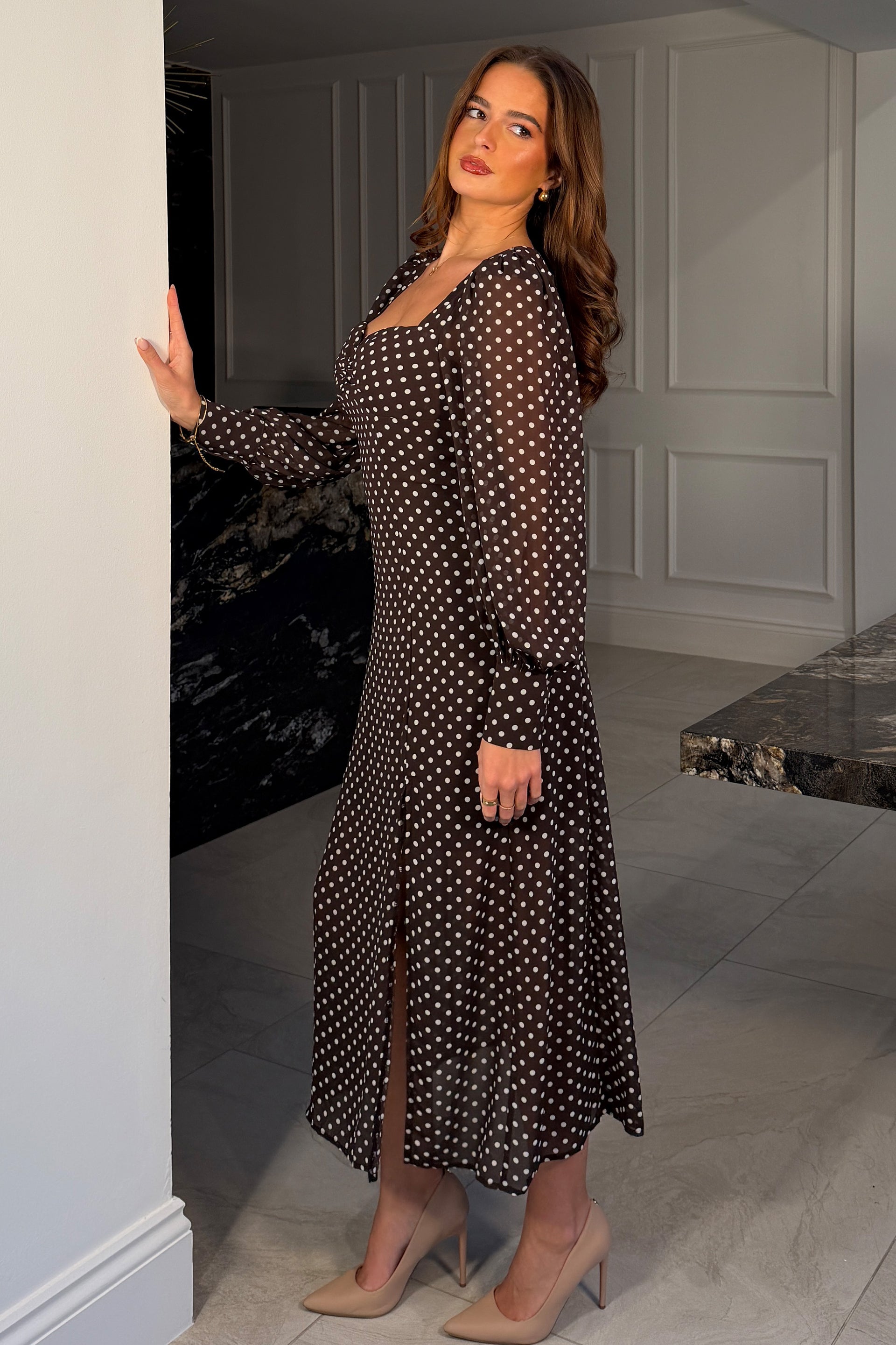 Olive Brown Polka Dot Sweetheart Long Sleeve Midi Dress – Girl In Mind
