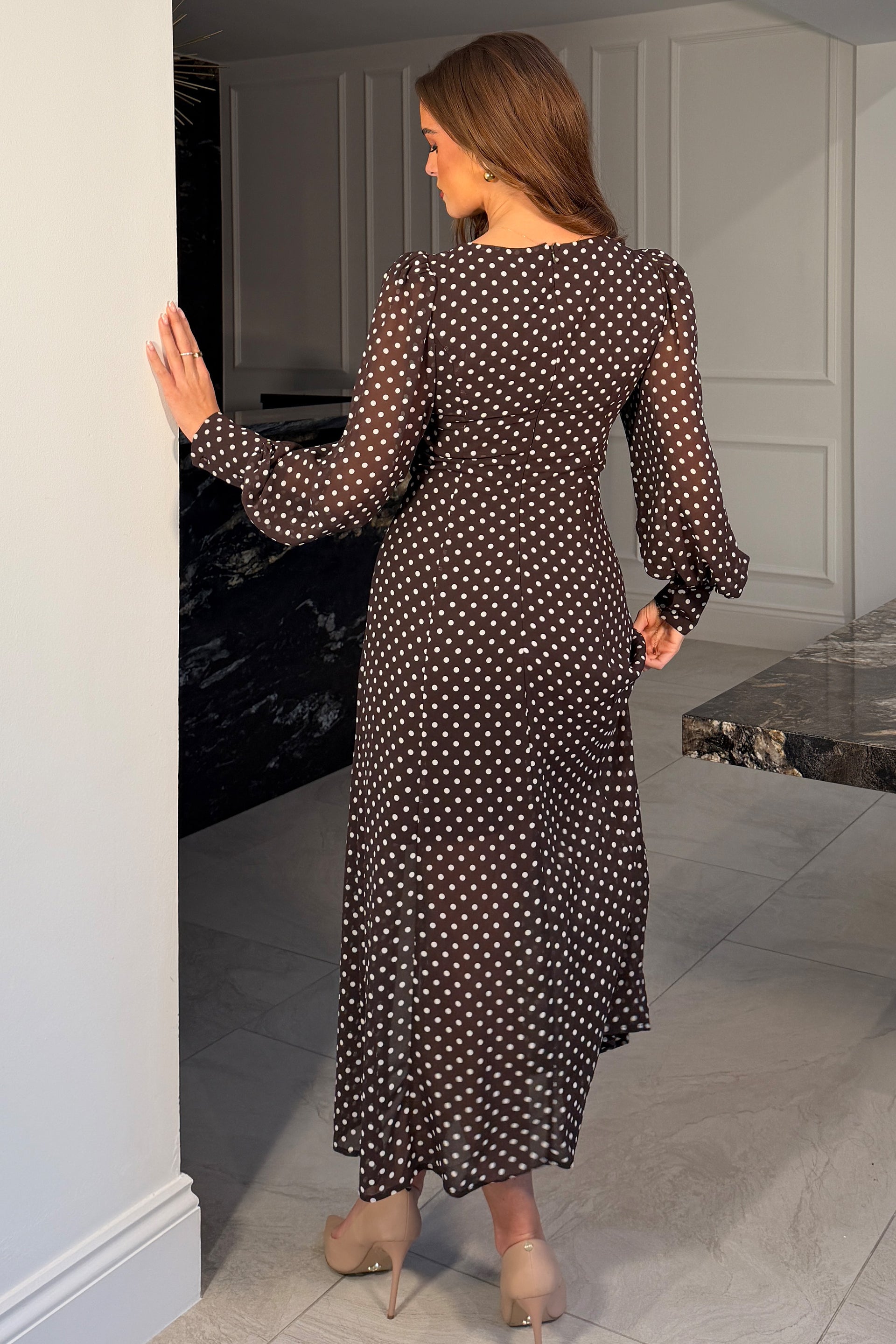 Olive Brown Polka Dot Sweetheart Long Sleeve Midi Dress Girl In Mind Olive Brown Polka Dot Sweetheart Long Sleeve Midi Dress Girl In Mind