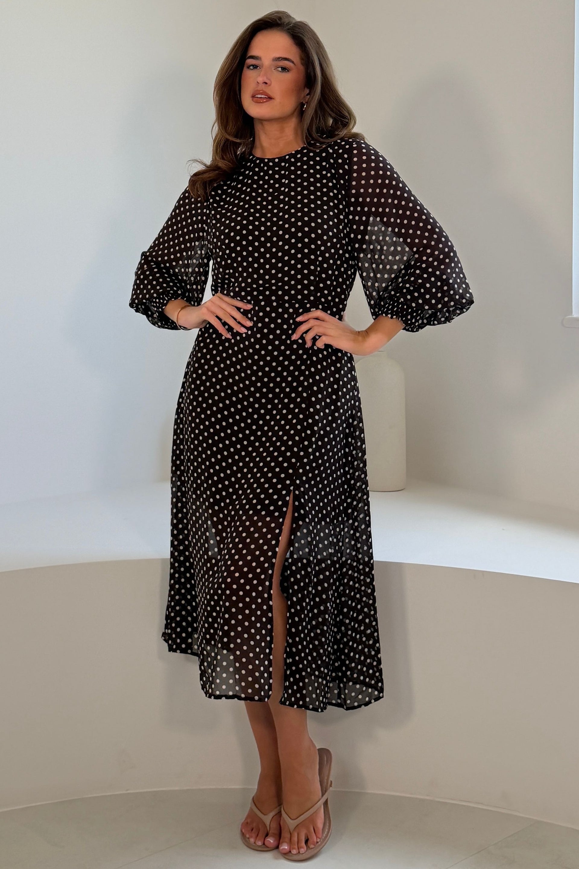 Oraya Shirred Sleeve Brown Spot Midi Dress