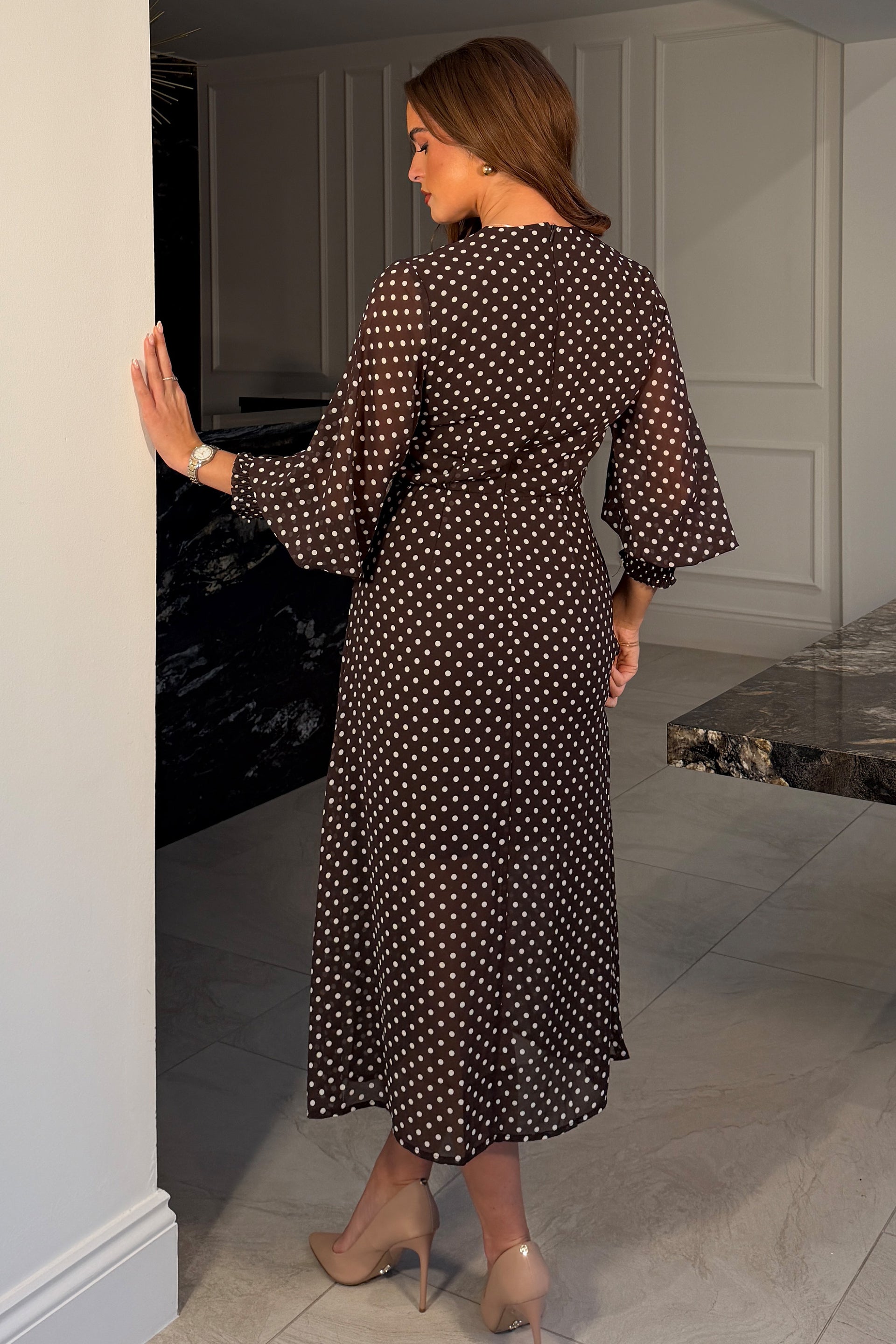 Oraya Shirred Sleeve Brown Spot Midi Dress