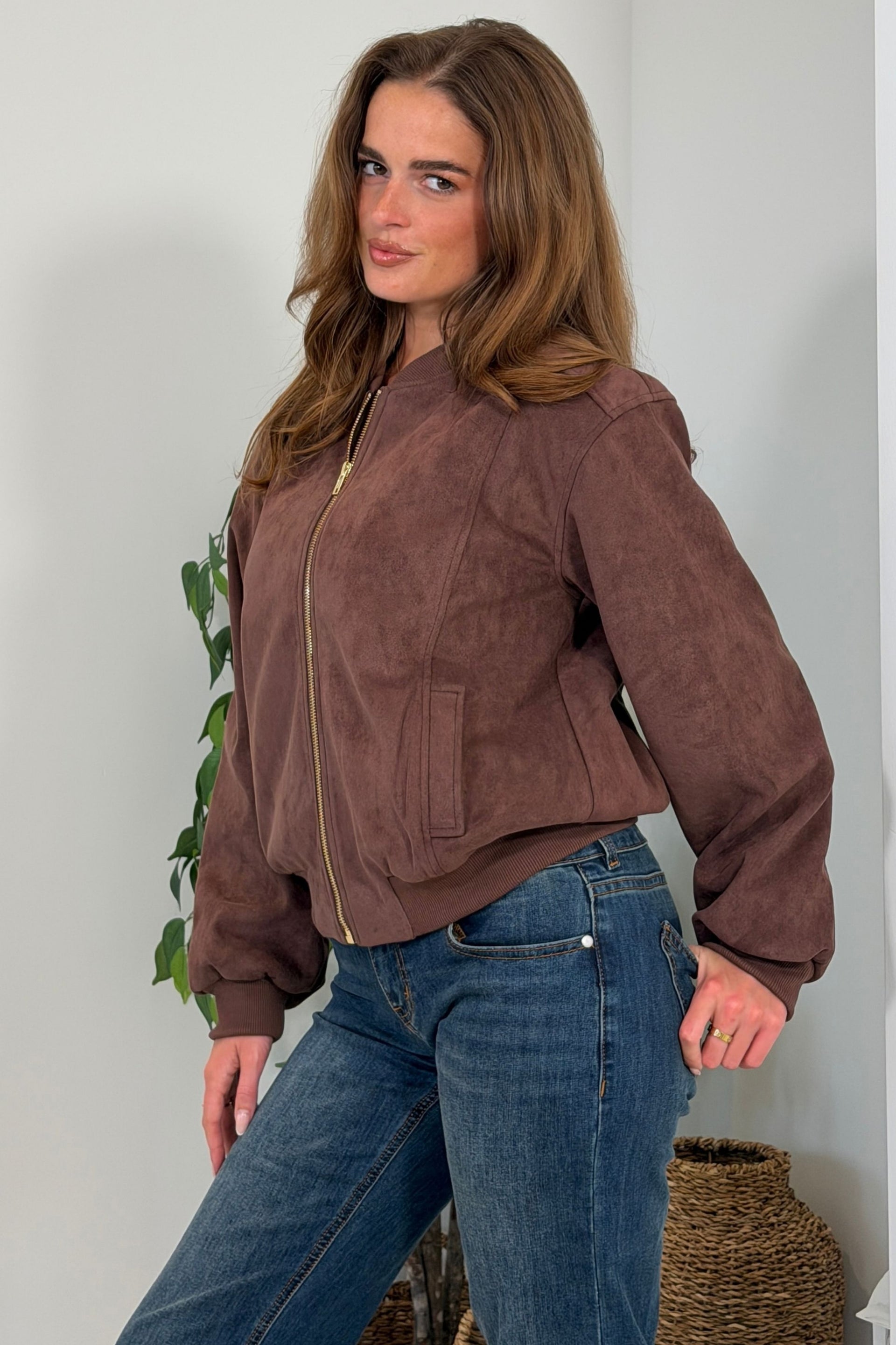 Arwen Suedette Classic Bomber Jacket Brown