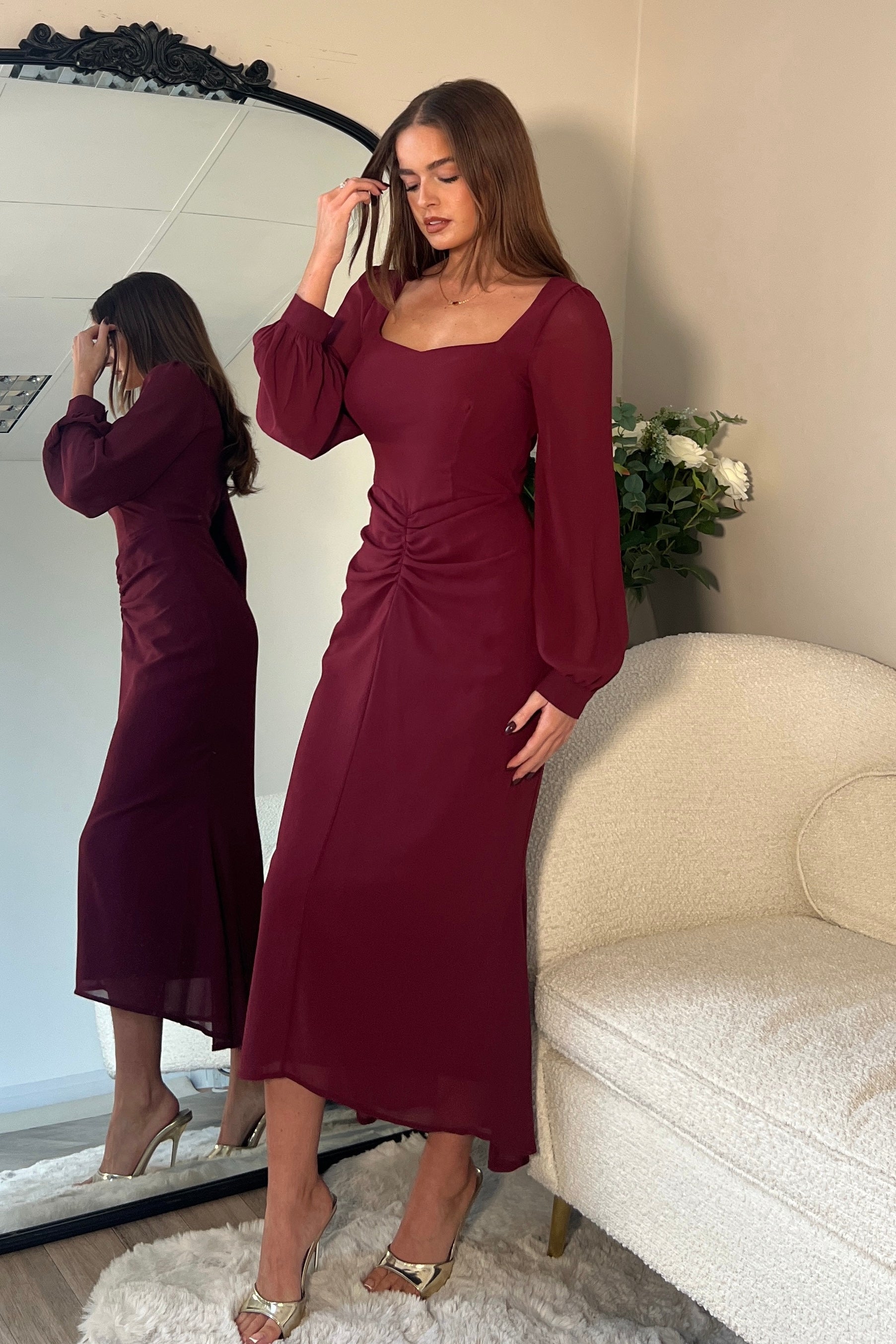 Mina Sweetheart Neckline Ruched Detail Midi Dress Berry Girl In Mind Mina Sweetheart Neckline Ruched Detail Midi Dress Berry Girl In Mind