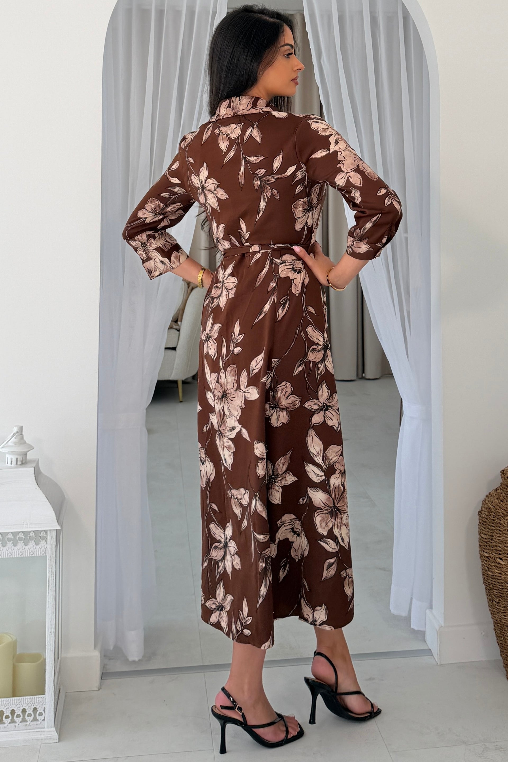 Angela Long Sleeve Maxi Shirt Dress Brown Floral – Girl In Mind