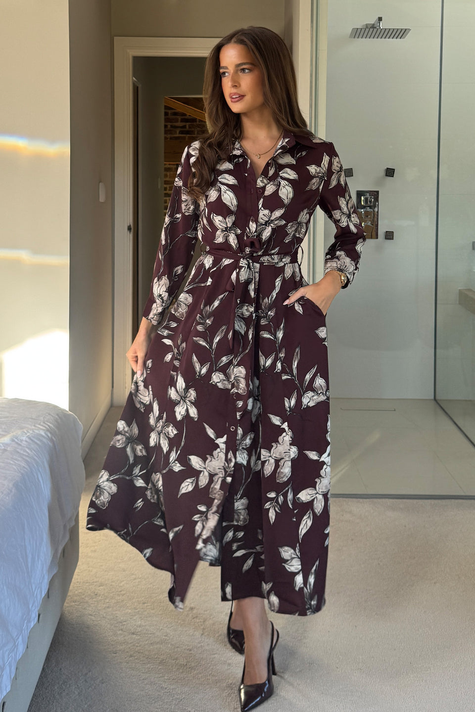 Angela Long Sleeve Maxi Shirt Dress Plum Floral