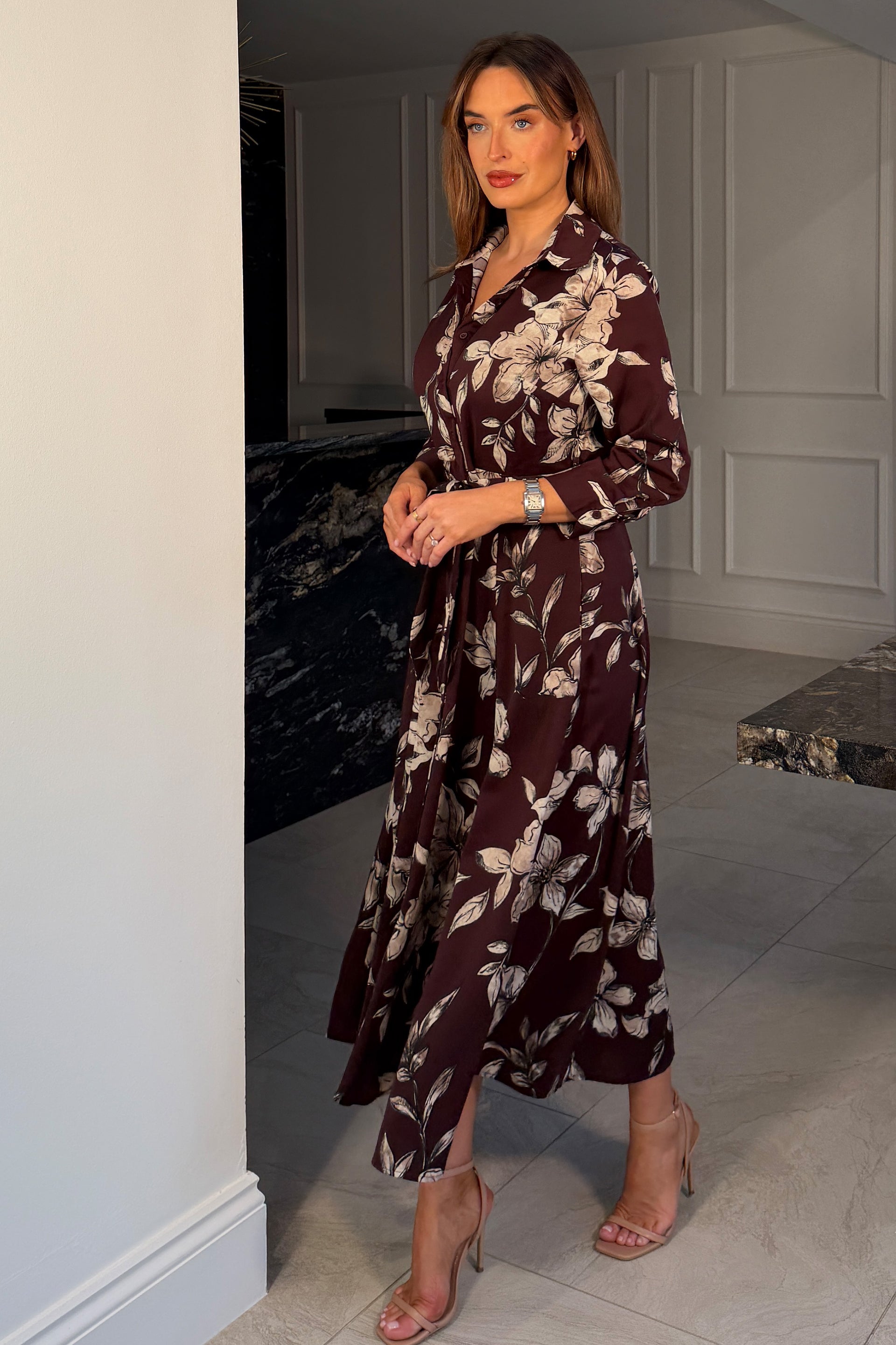 Angela Long Sleeve Maxi Shirt Dress Plum Floral