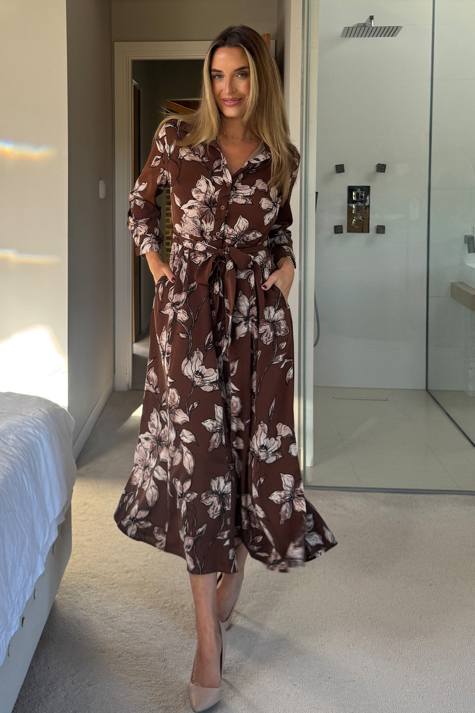 Angela Long Sleeve Maxi Shirt Dress Brown Floral