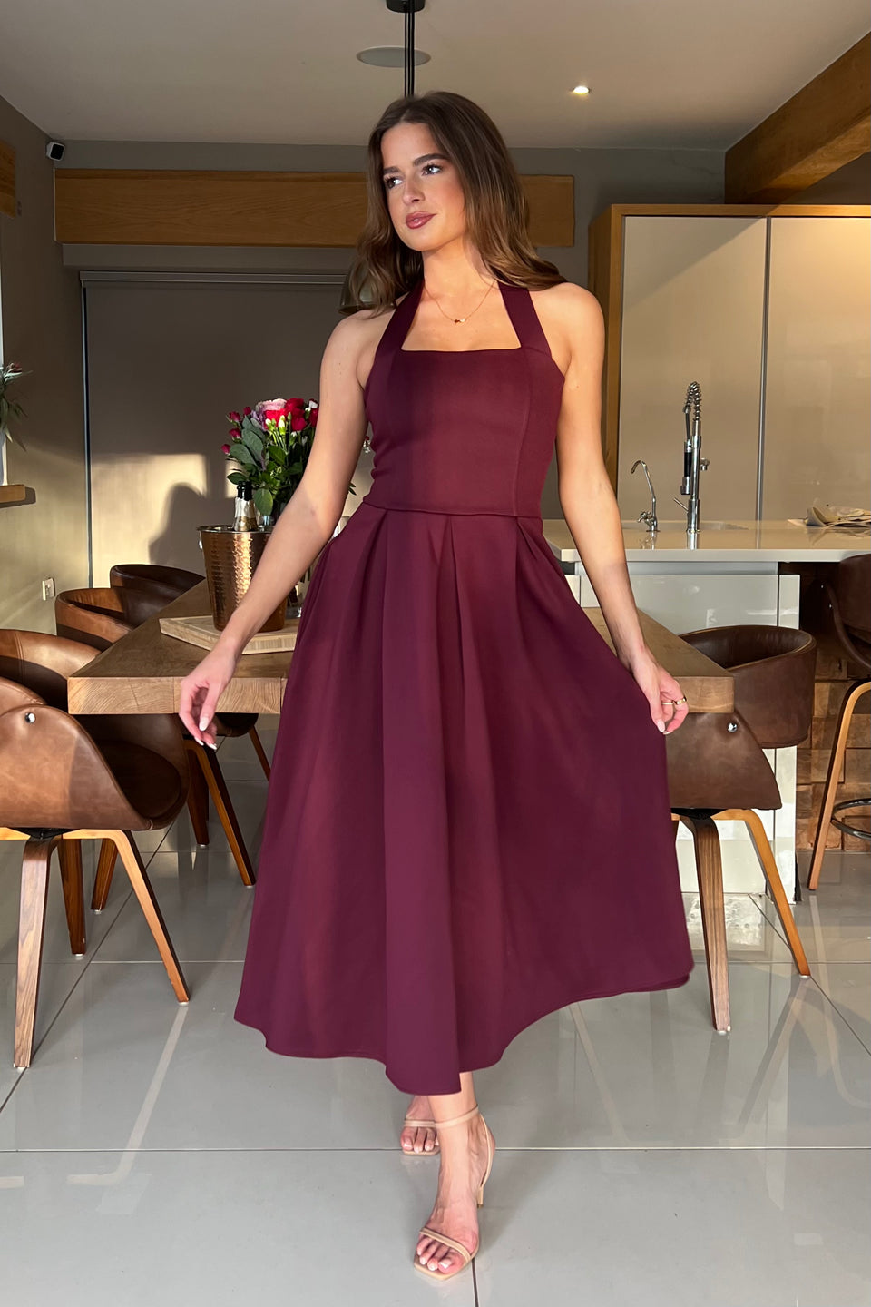 Briar Halterneck Pleated Skirt Midi Dress Plum