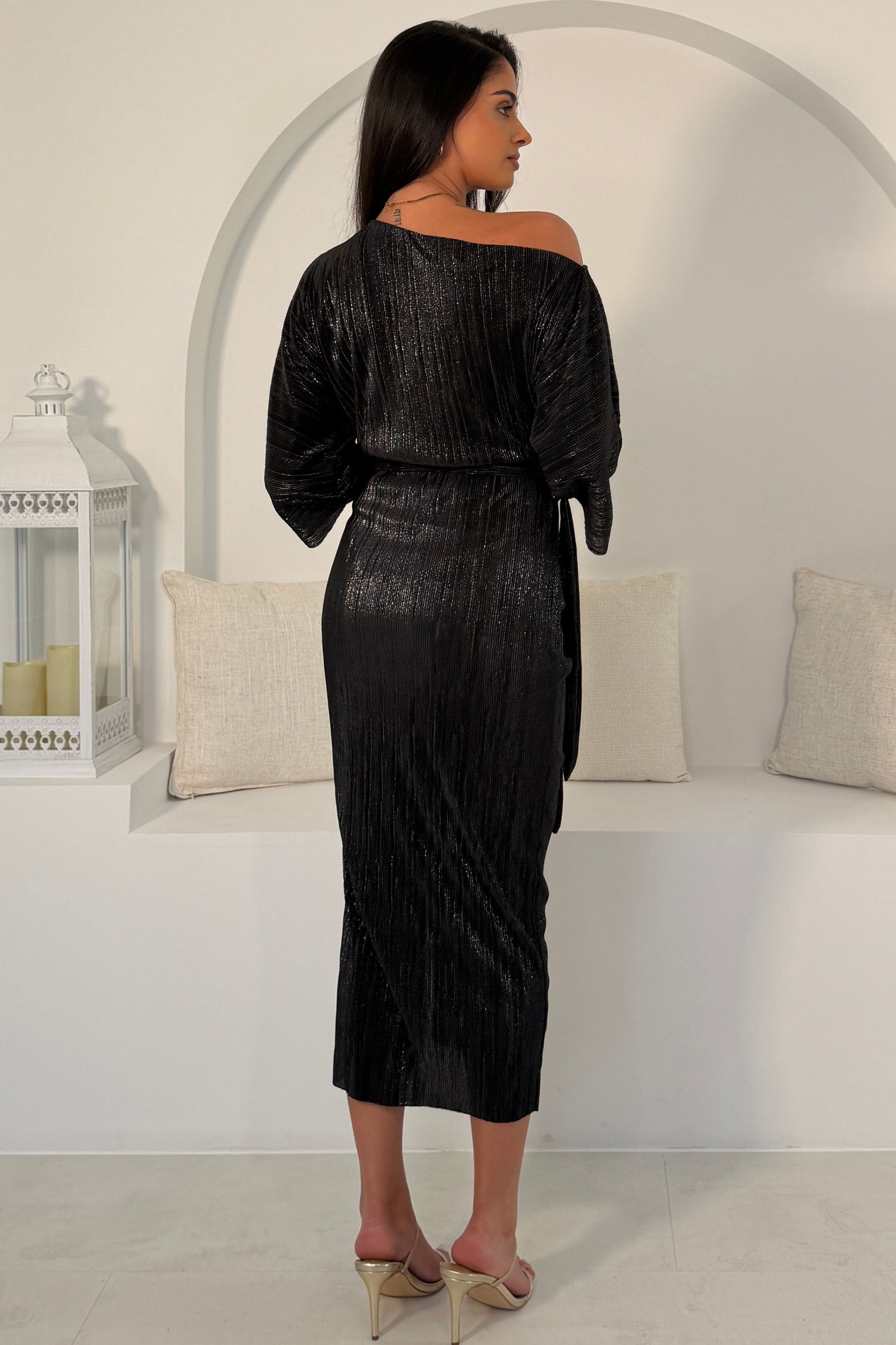 Vendy Off The Shoulder Ruched Detail Midi Dress Metallic Black