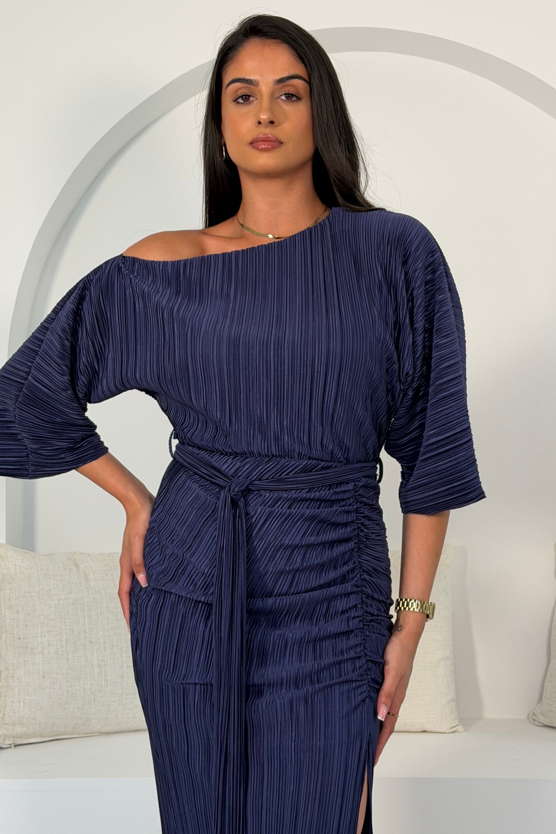 Vendy Off The Shoulder Ruched Detail Midi Dress Navy