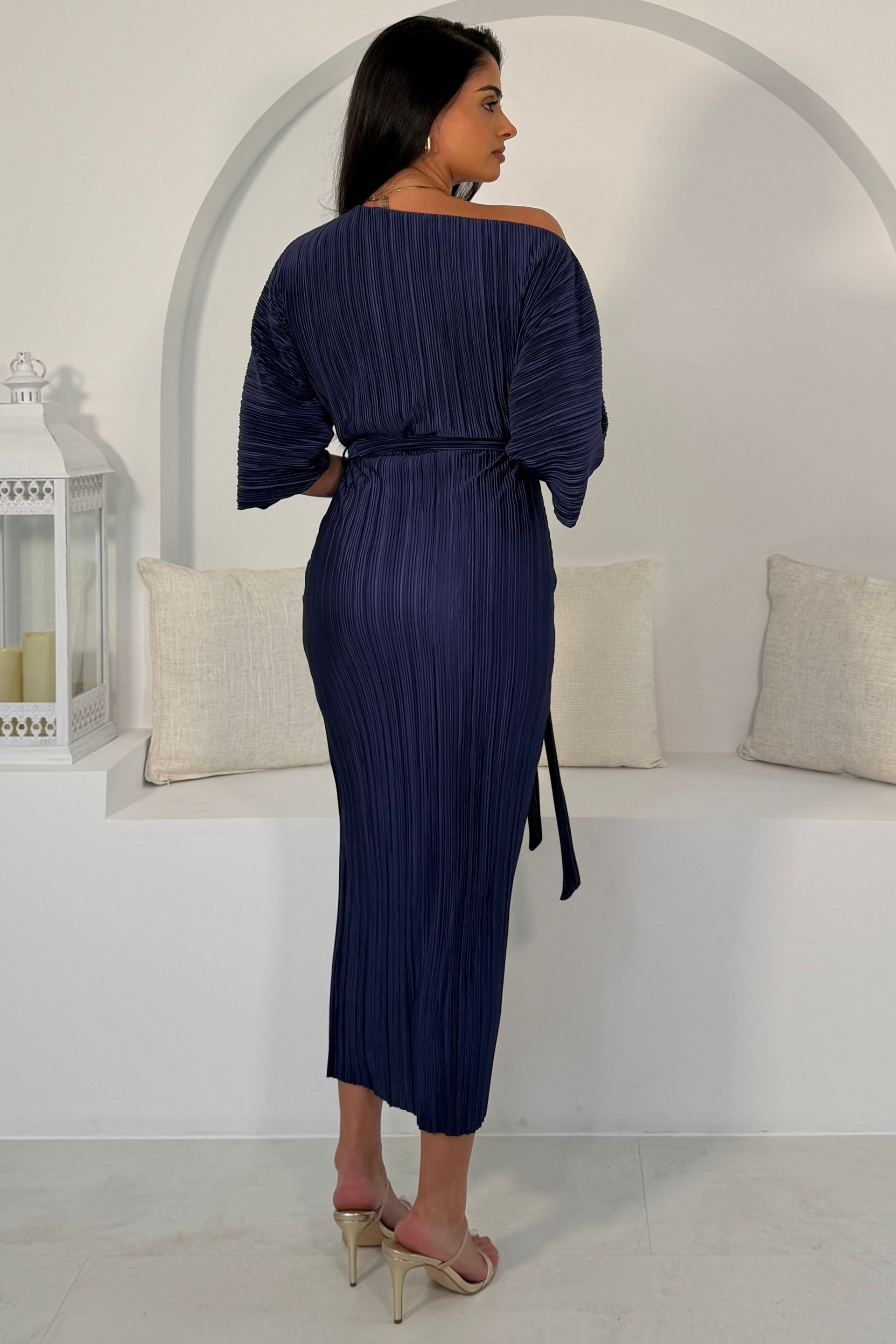 Vendy Off The Shoulder Ruched Detail Midi Dress Navy