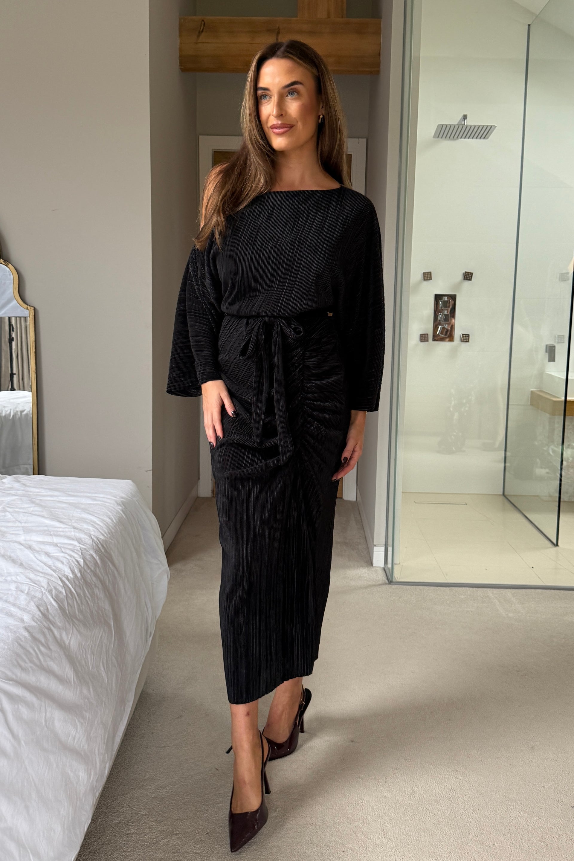 knee length dresses for ladies Vendy Off The Shoulder Ruched Detail Midi Dress Black – Girl In Mind