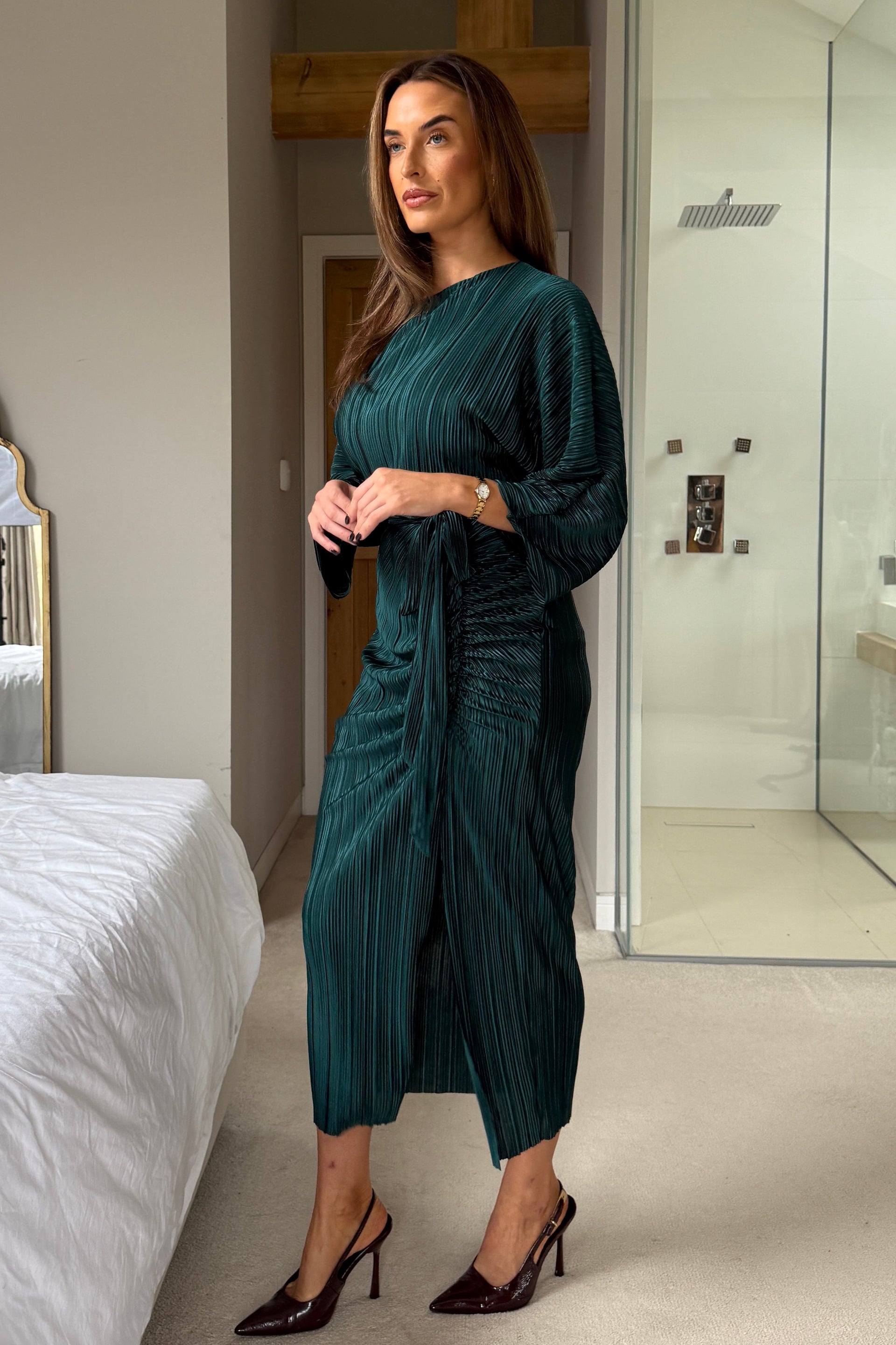Vendy Off The Shoulder Ruched Detail Midi Dress Emerald Girl In Mind Vendy Off The Shoulder Ruched Detail Midi Dress Emerald Girl In Mind