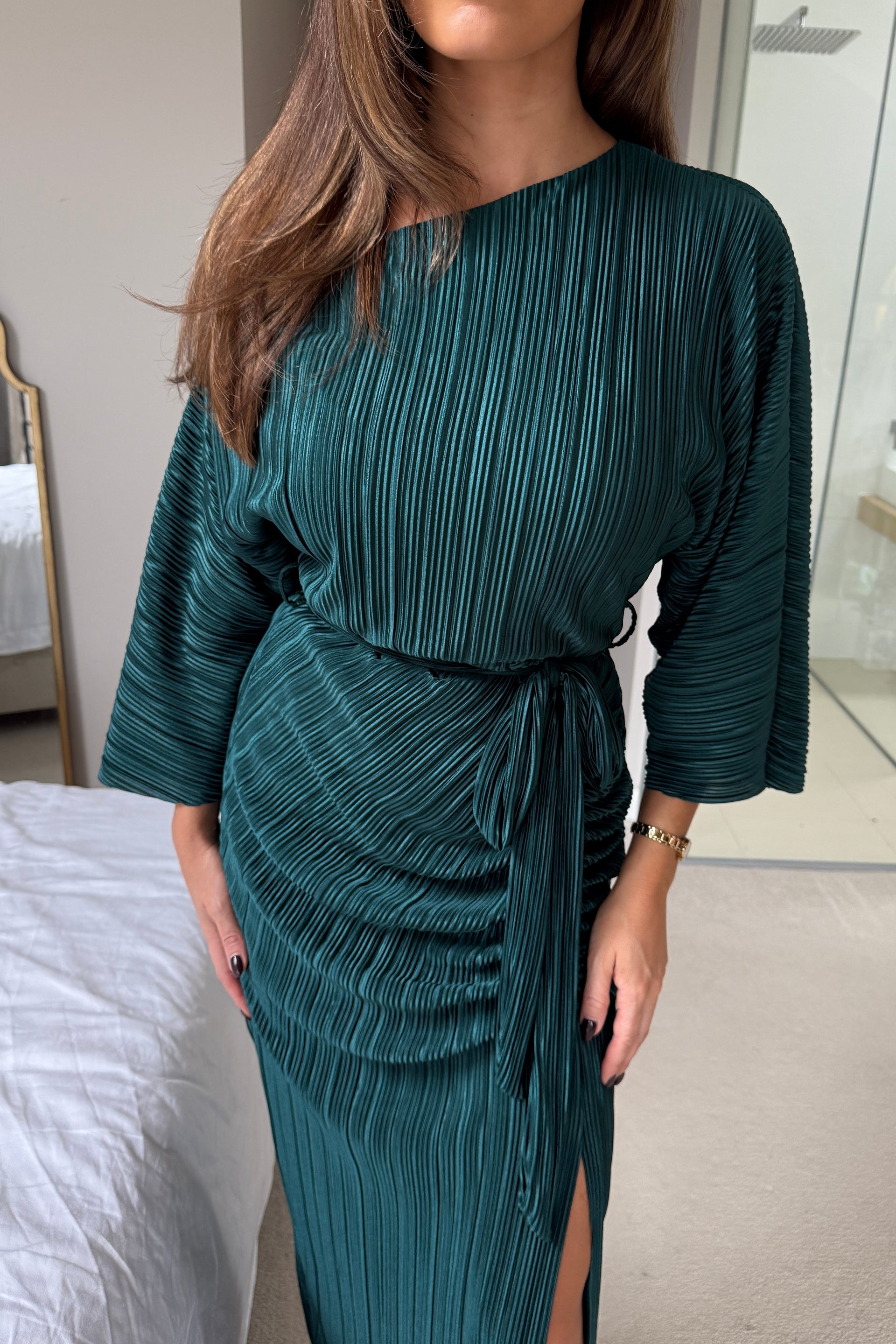 Vendy Off The Shoulder Ruched Detail Midi Dress Emerald  Girl In Mind