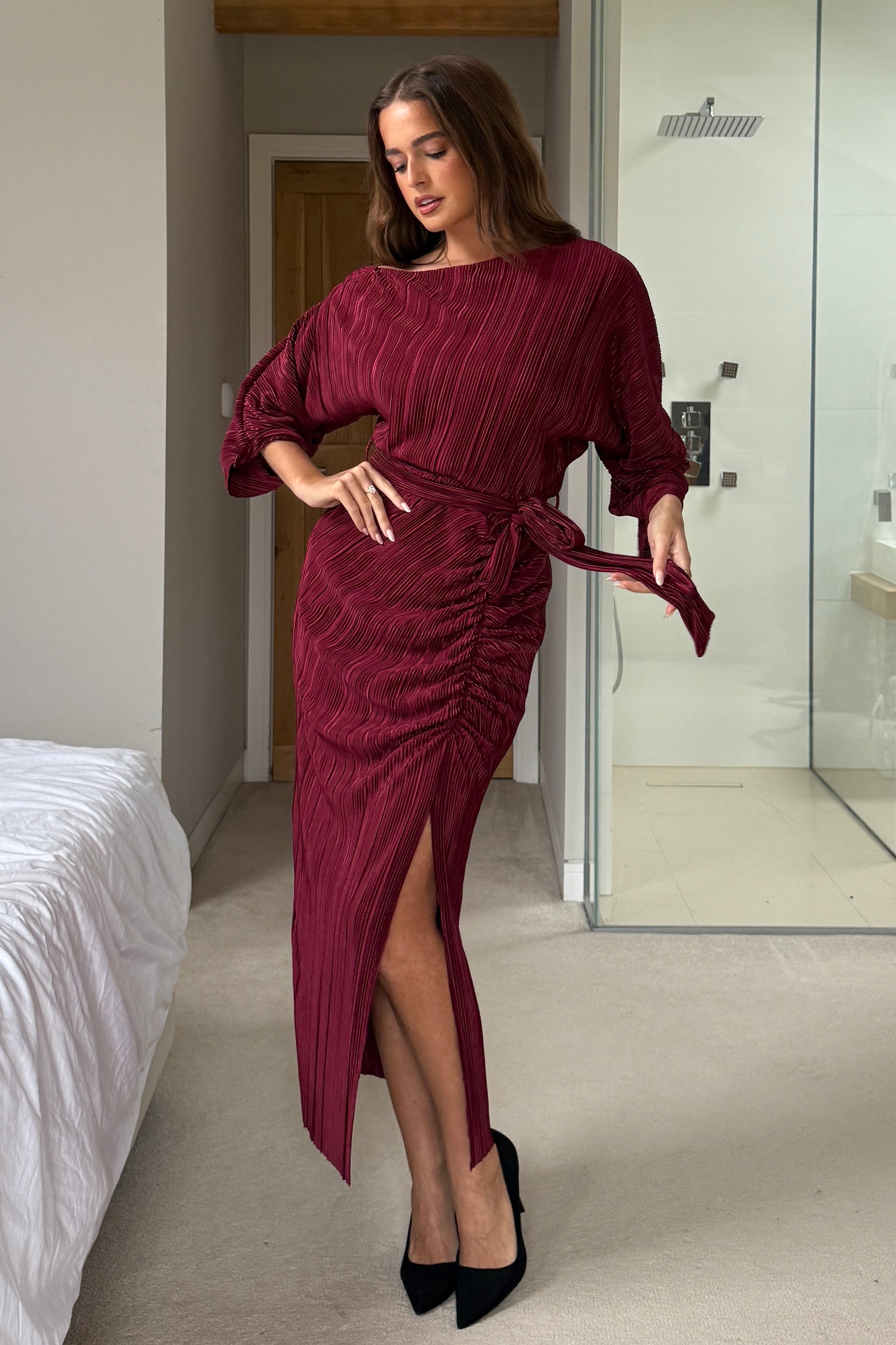 Vendy Off The Shoulder Ruched Detail Midi Dress Berry Girl In Mind Vendy Off The Shoulder Ruched Detail Midi Dress Berry Girl In Mind