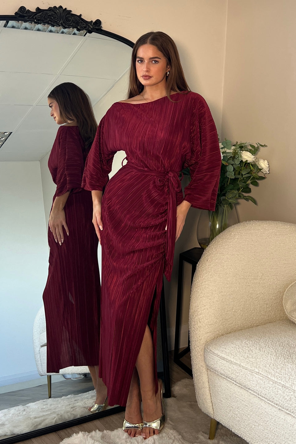 Vendy Off The Shoulder Ruched Detail Midi Dress Berry