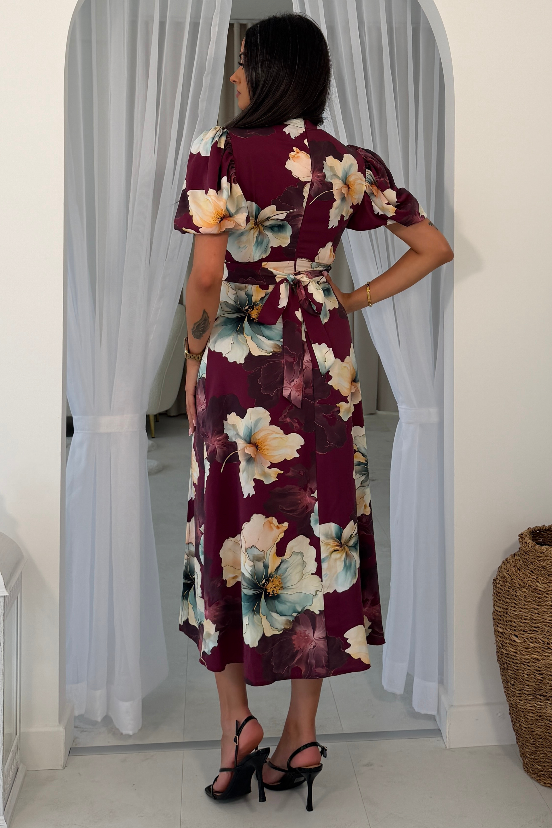 Lilith Plum Flower Puff Sleeve High Neck Midi Dress