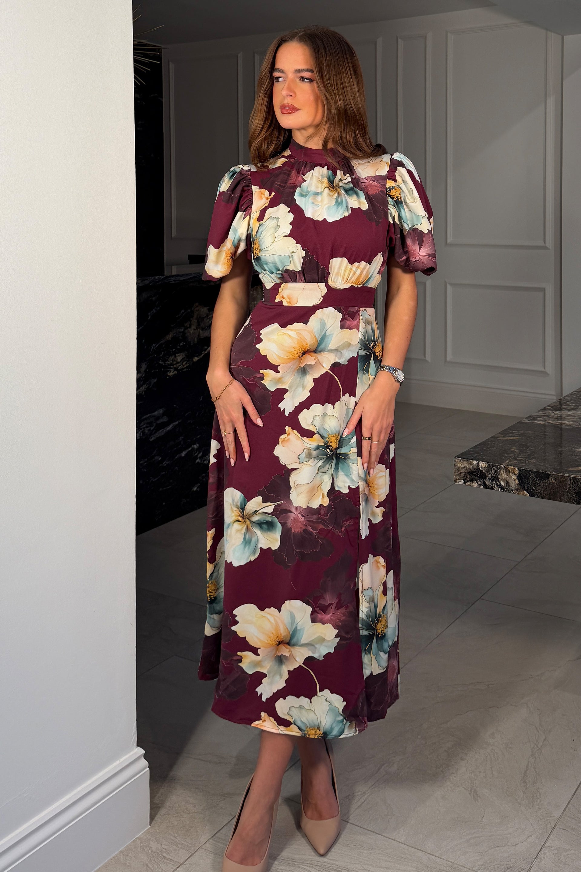 knee length dresses for ladies Plum Square Neck Long Sleeve Ruched Shimmer Midi Dress – AX Paris US main image 0