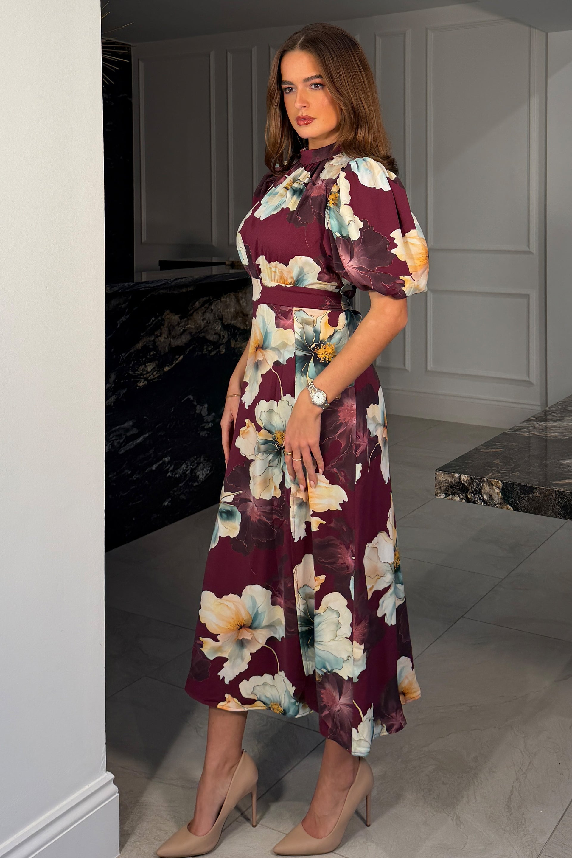 Lilith Plum Flower Puff Sleeve High Neck Midi Dress