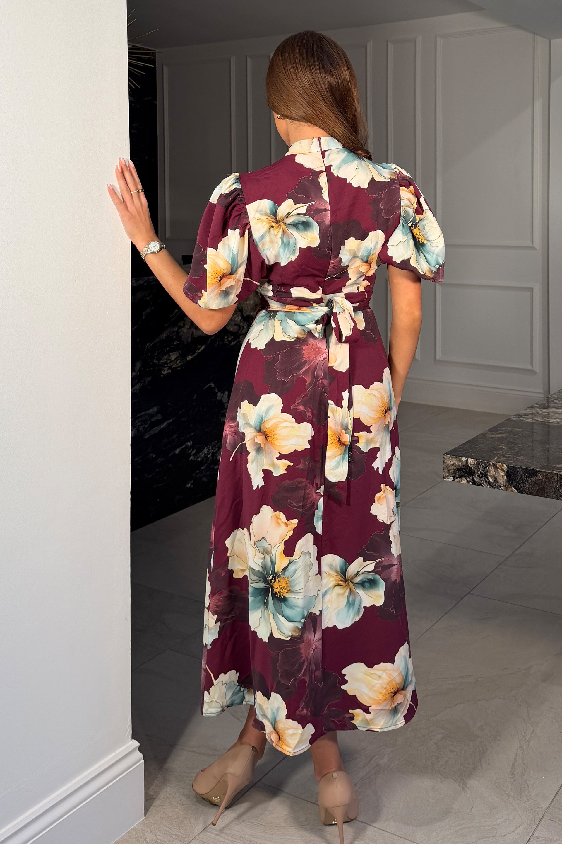 knee length dresses for ladies Plum Ruffle Sleeve V-Neck Tiered Maternity Midi Dress
