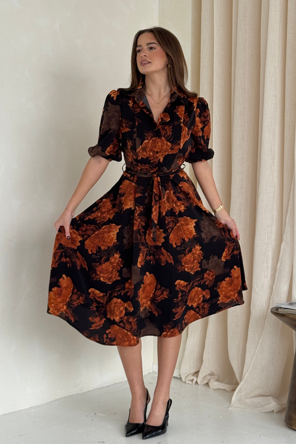 Holland Orange Floral Collar Midi Dress