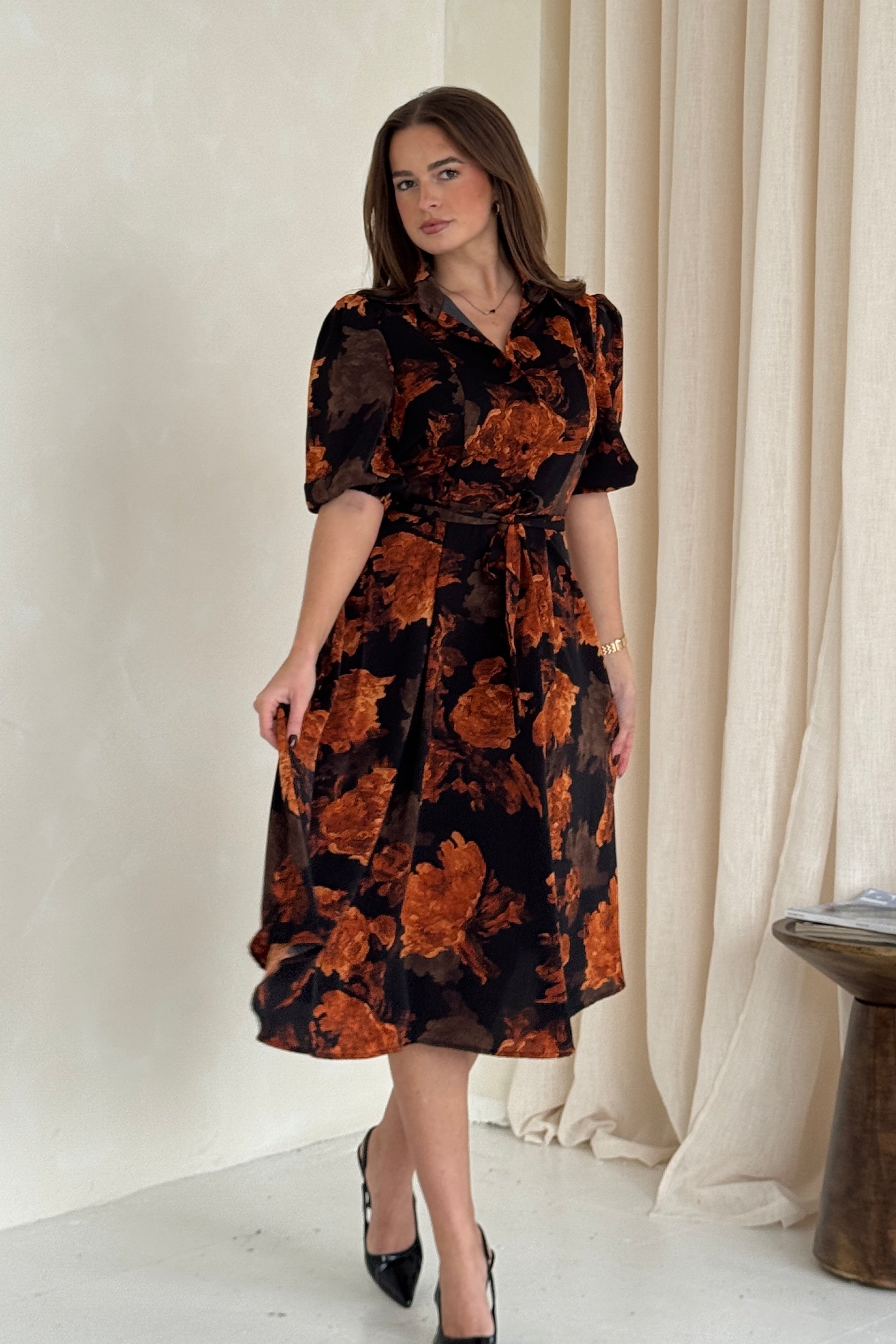 Holland Orange Floral Collar Midi Dress