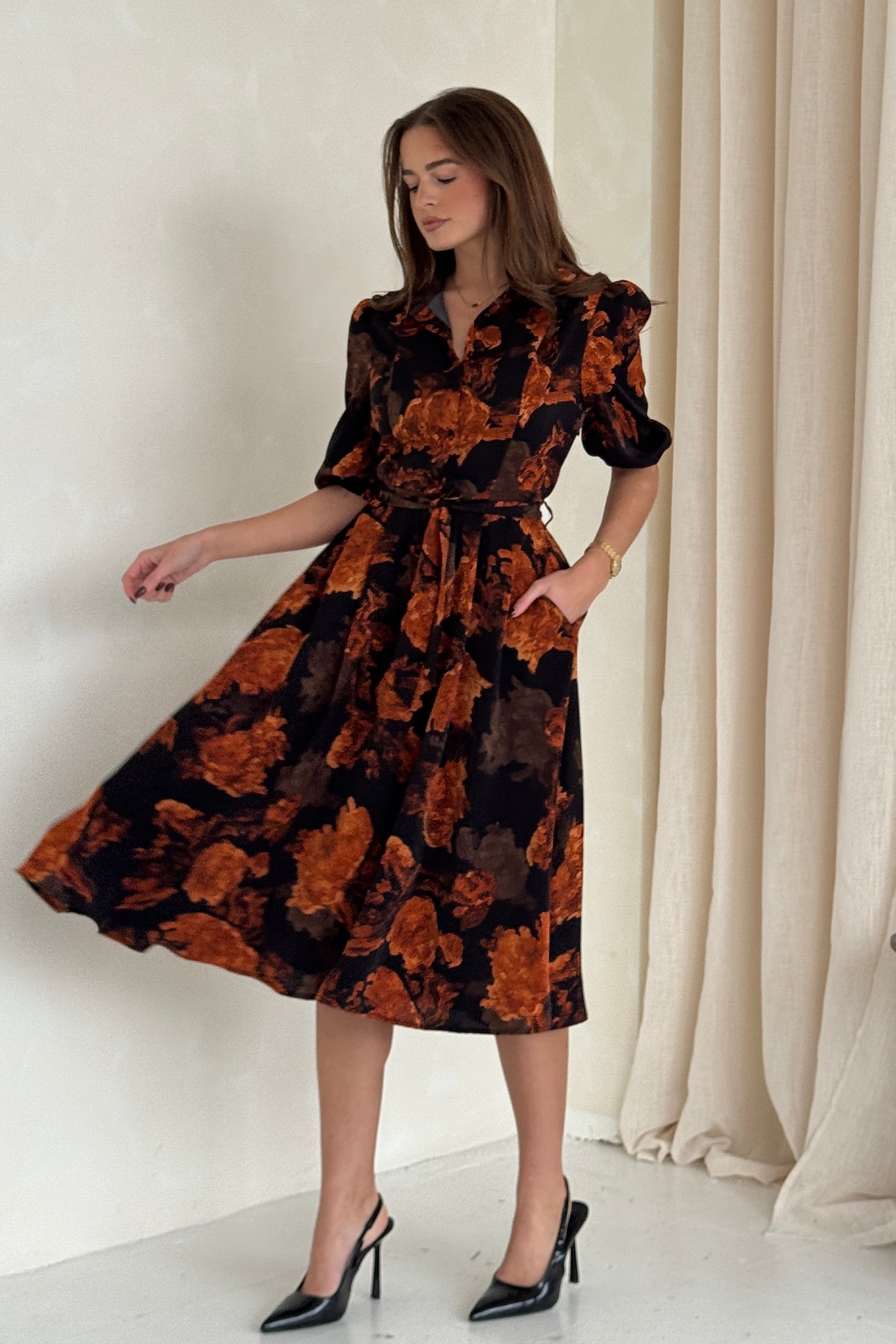 Holland Orange Floral Collar Midi Dress