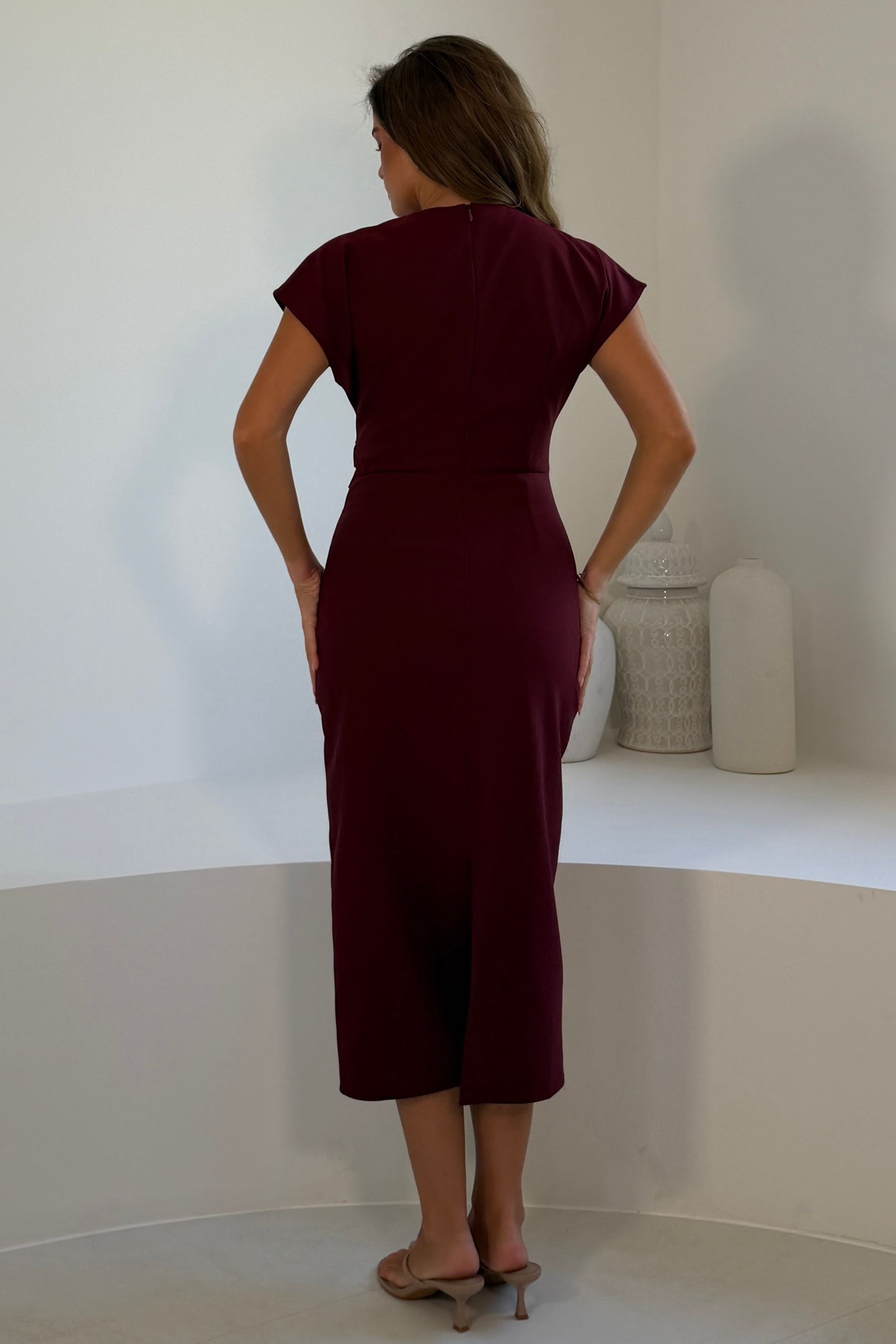 burgundy short sleeve dress Terri Ruched Waist Midi – Girl In Mind Buy Backless Dera Dress gala dress woman 2025 for party Designed with simplicity and Color:SAPPHIRE SEA