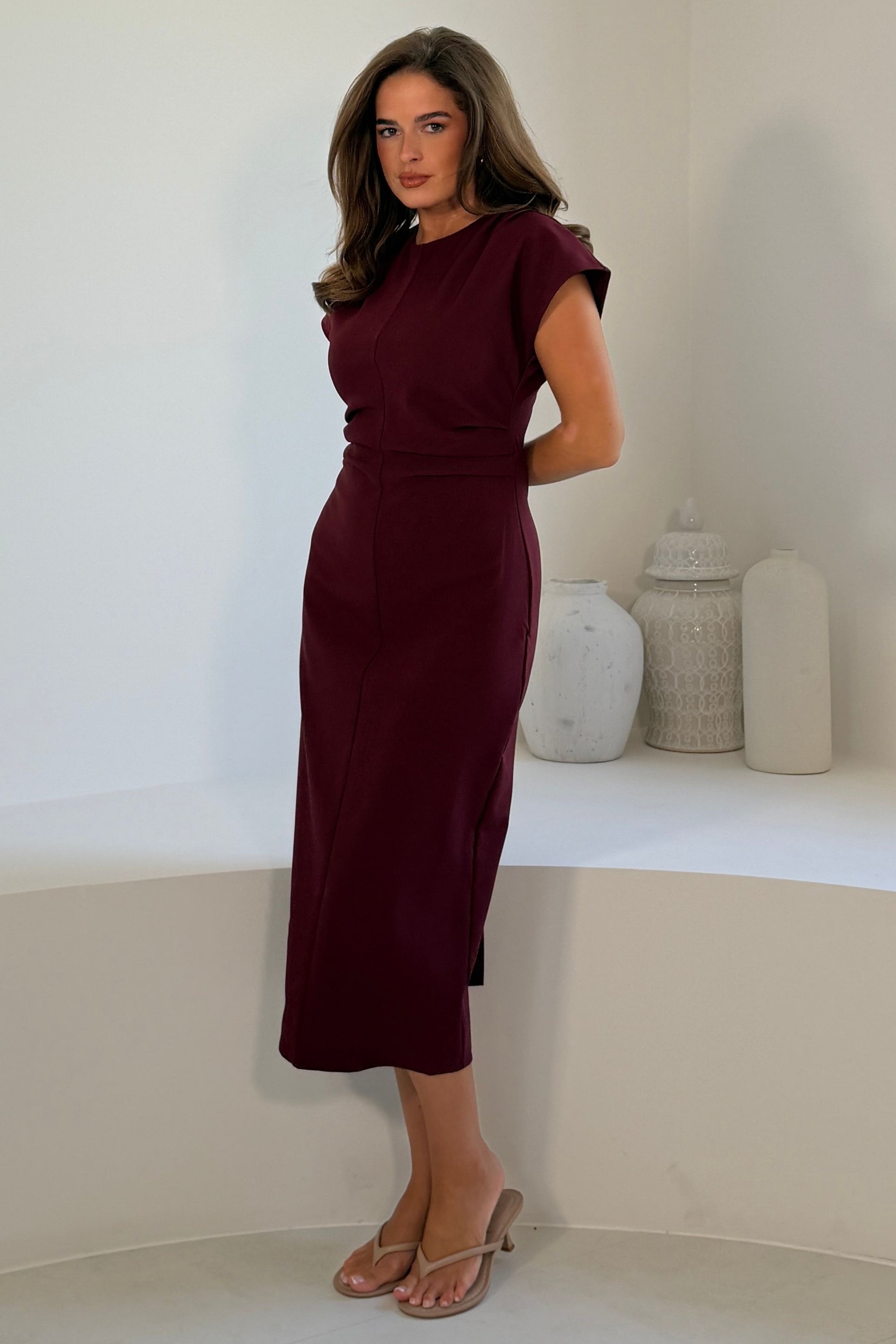 Terri Ruched Waist Short Sleeve Burgundy Midi Dress