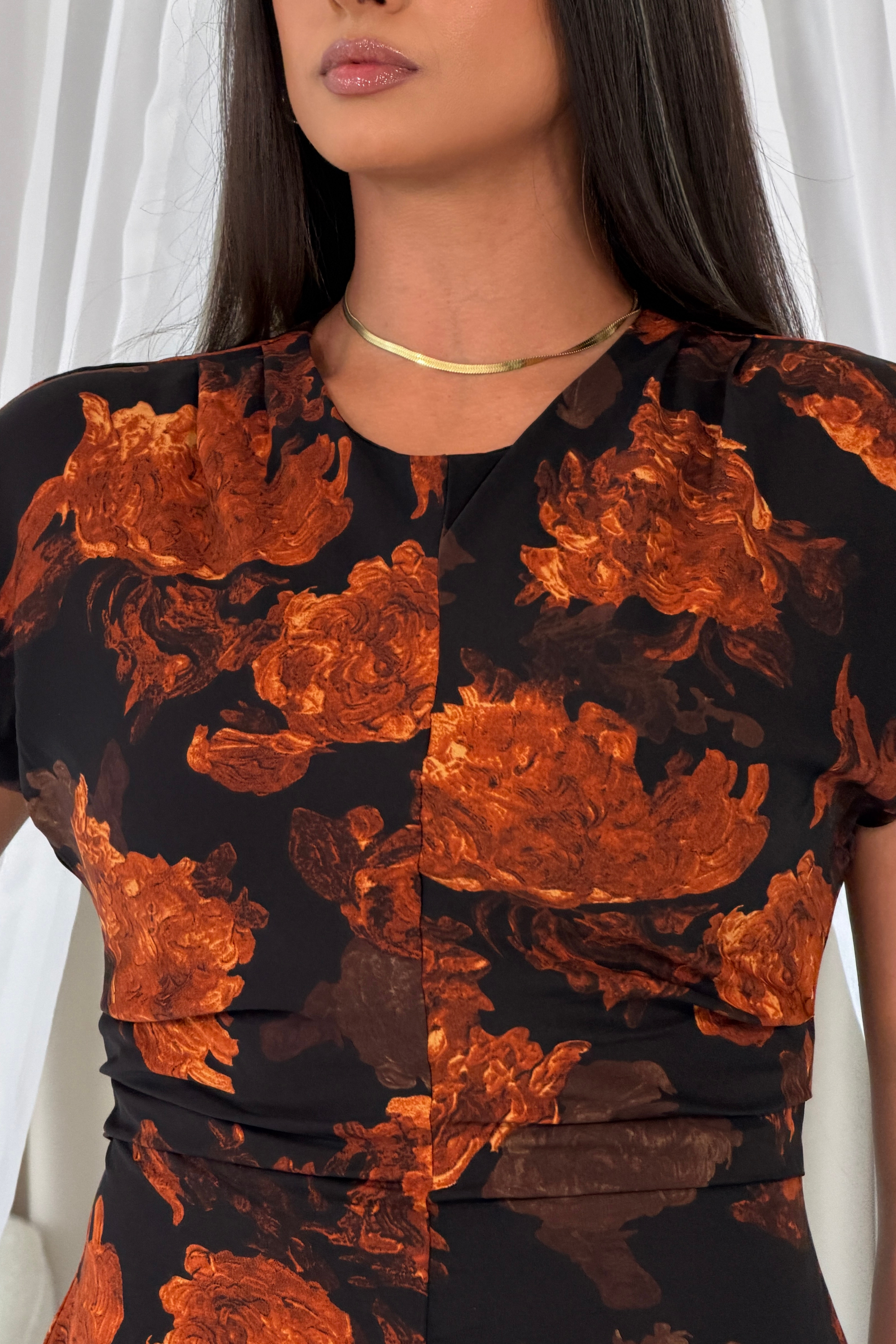 Terri Ruched Waist Short Sleeve Orange Midi Dress