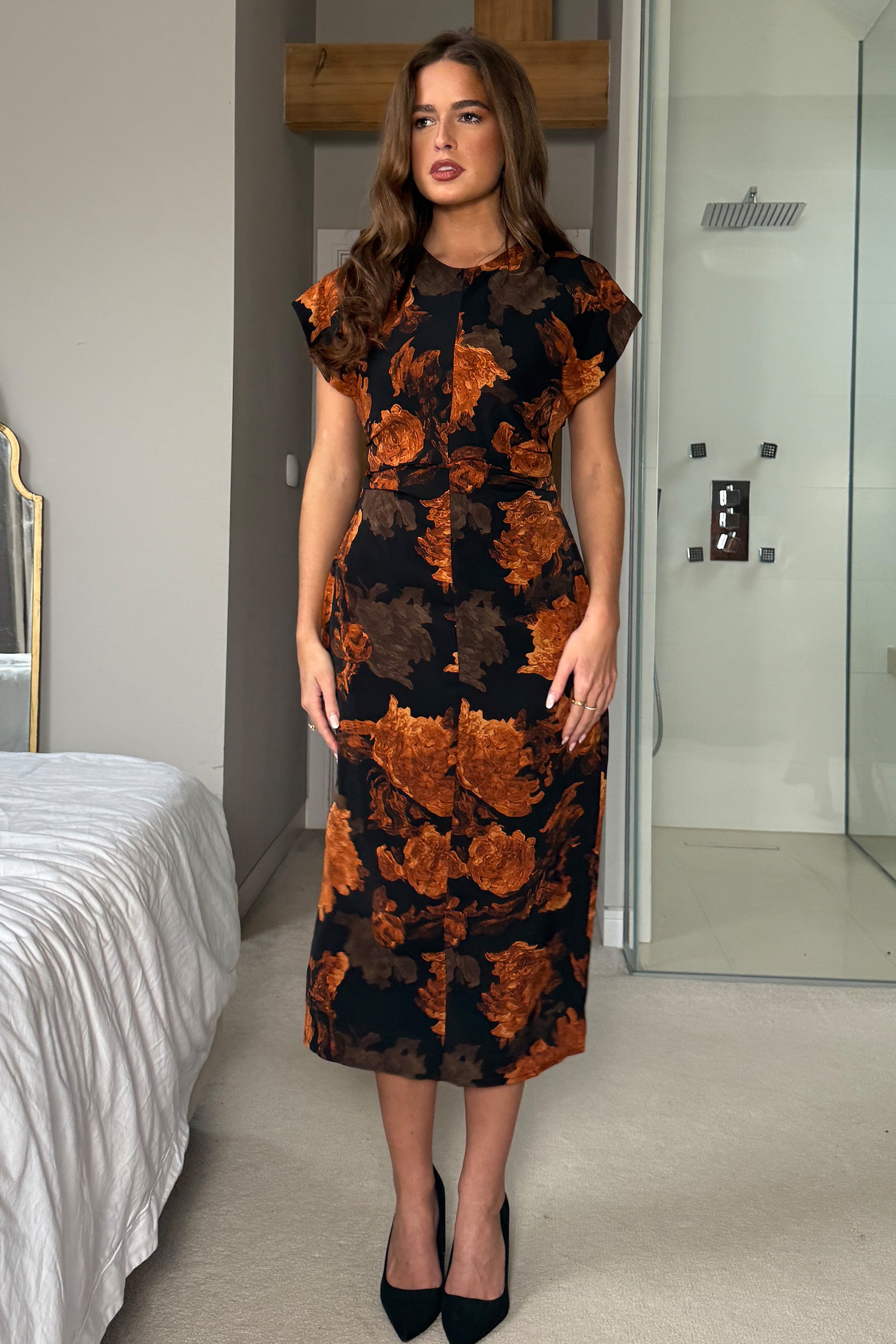 Terri Ruched Waist Short Sleeve Orange Midi Dress