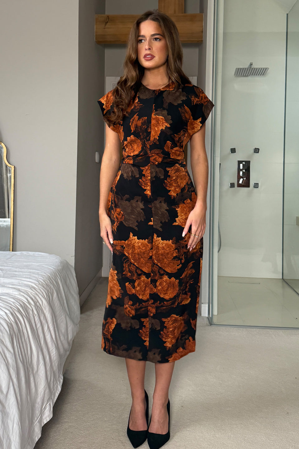 Terri Ruched Waist Short Sleeve Orange Midi Dress