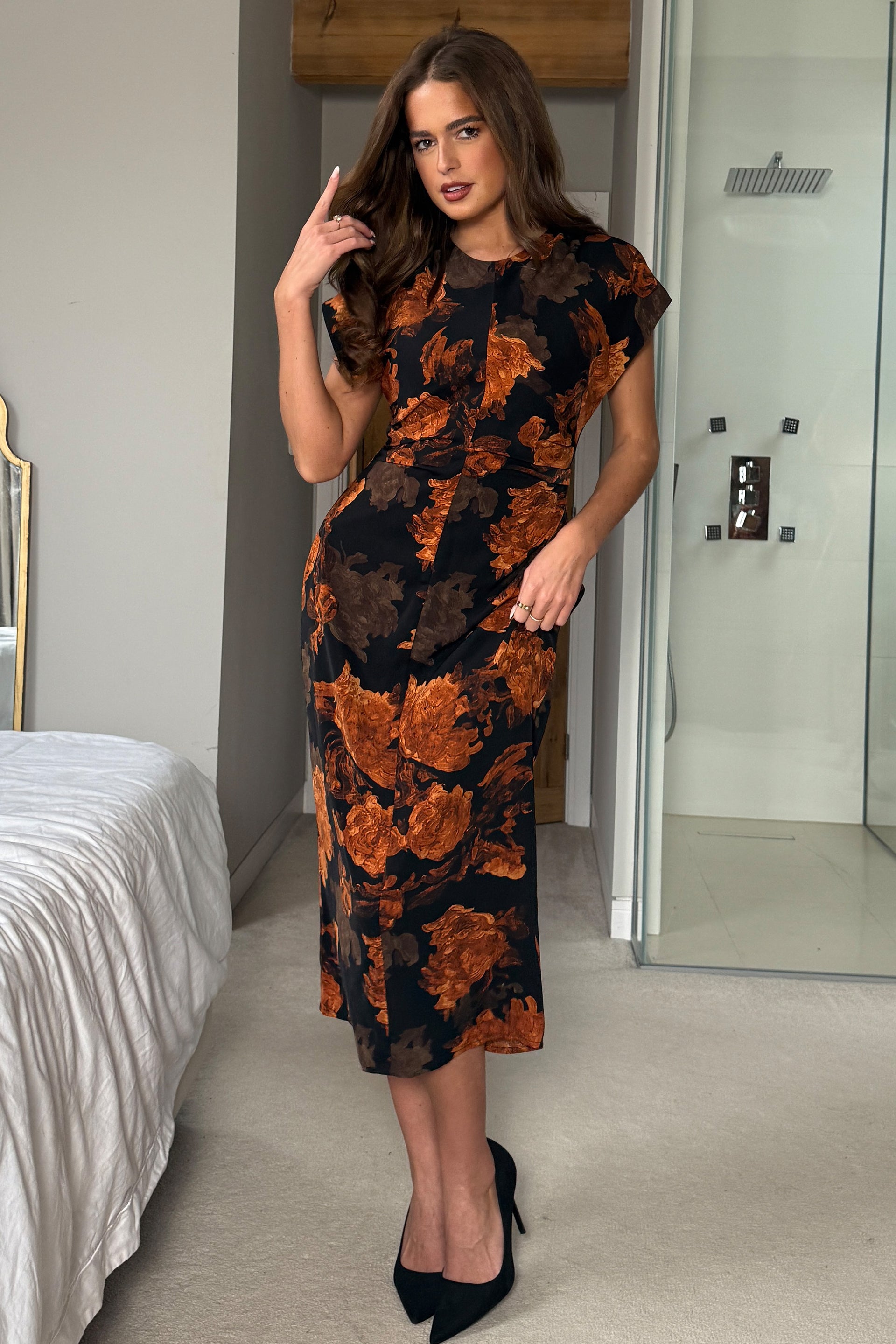 Terri Ruched Waist Short Sleeve Orange Midi Dress