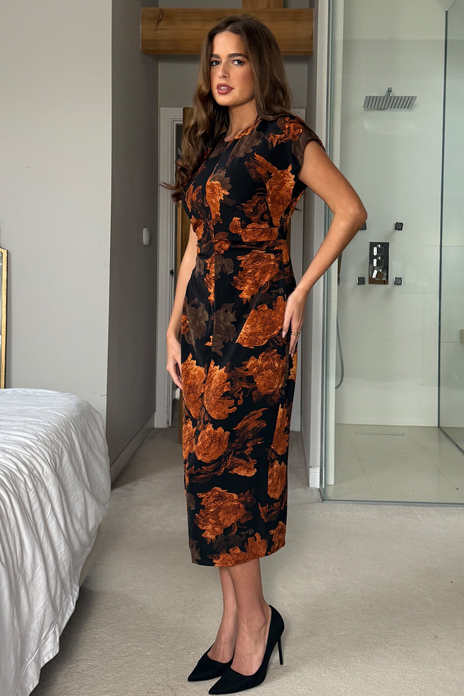 Terri Ruched Waist Short Sleeve Orange Midi Dress