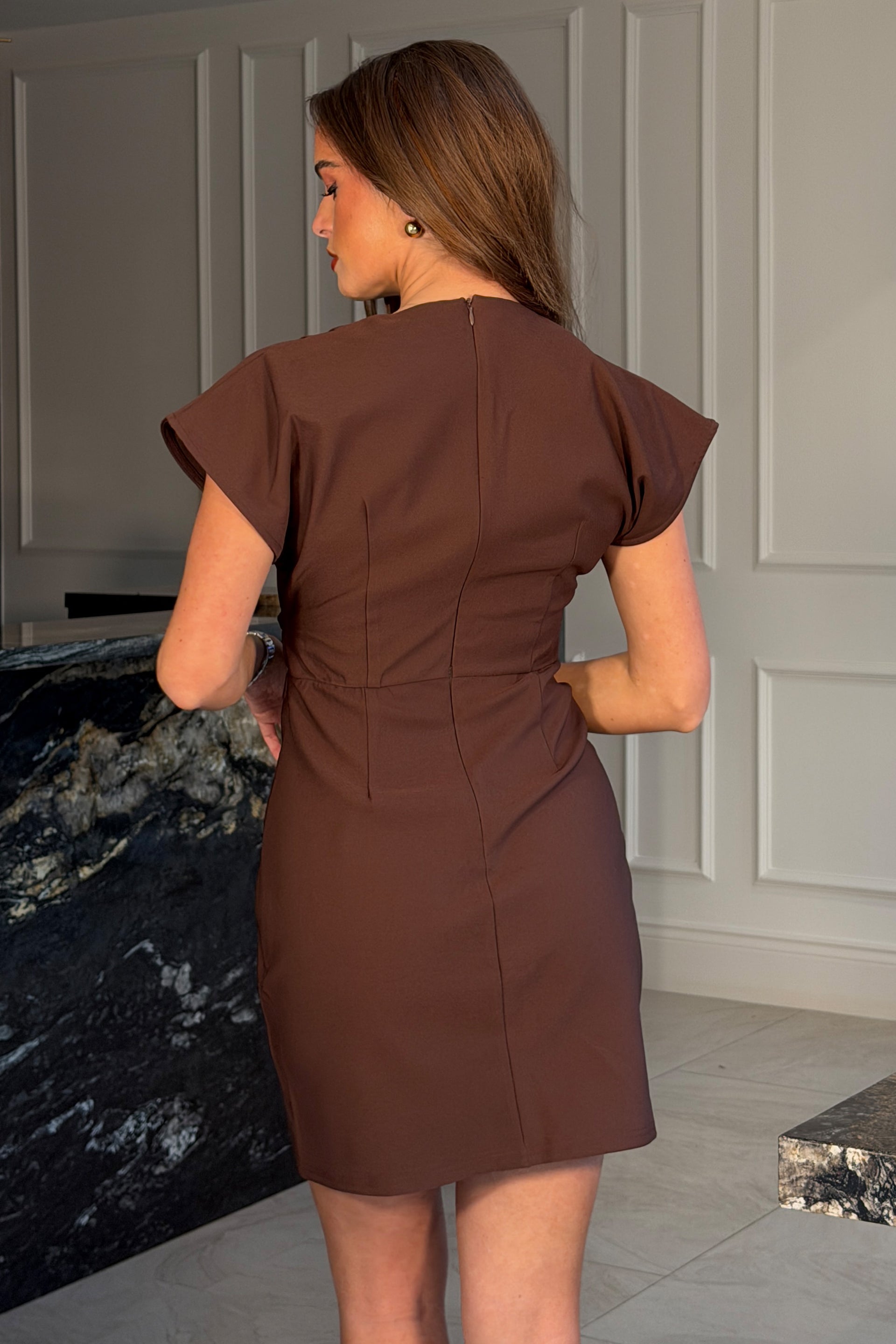 Terri Ruched Waist Short Sleeve Brown Mini Dress Girl In Mind Terri Ruched Waist Short Sleeve Brown Mini Dress Girl In Mind