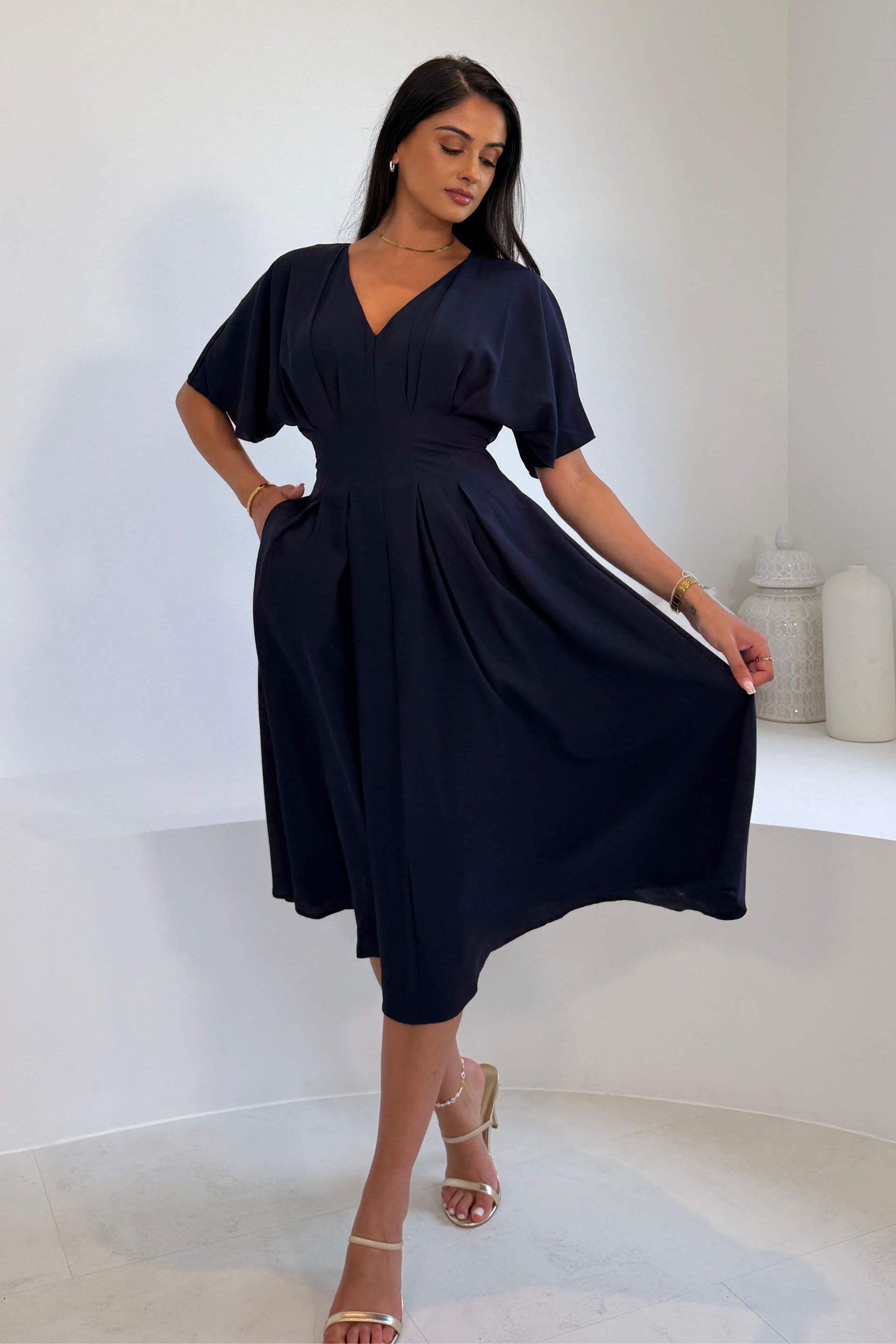 Laura V-Neck Short Sleeve Flowy Navy Midi Dress