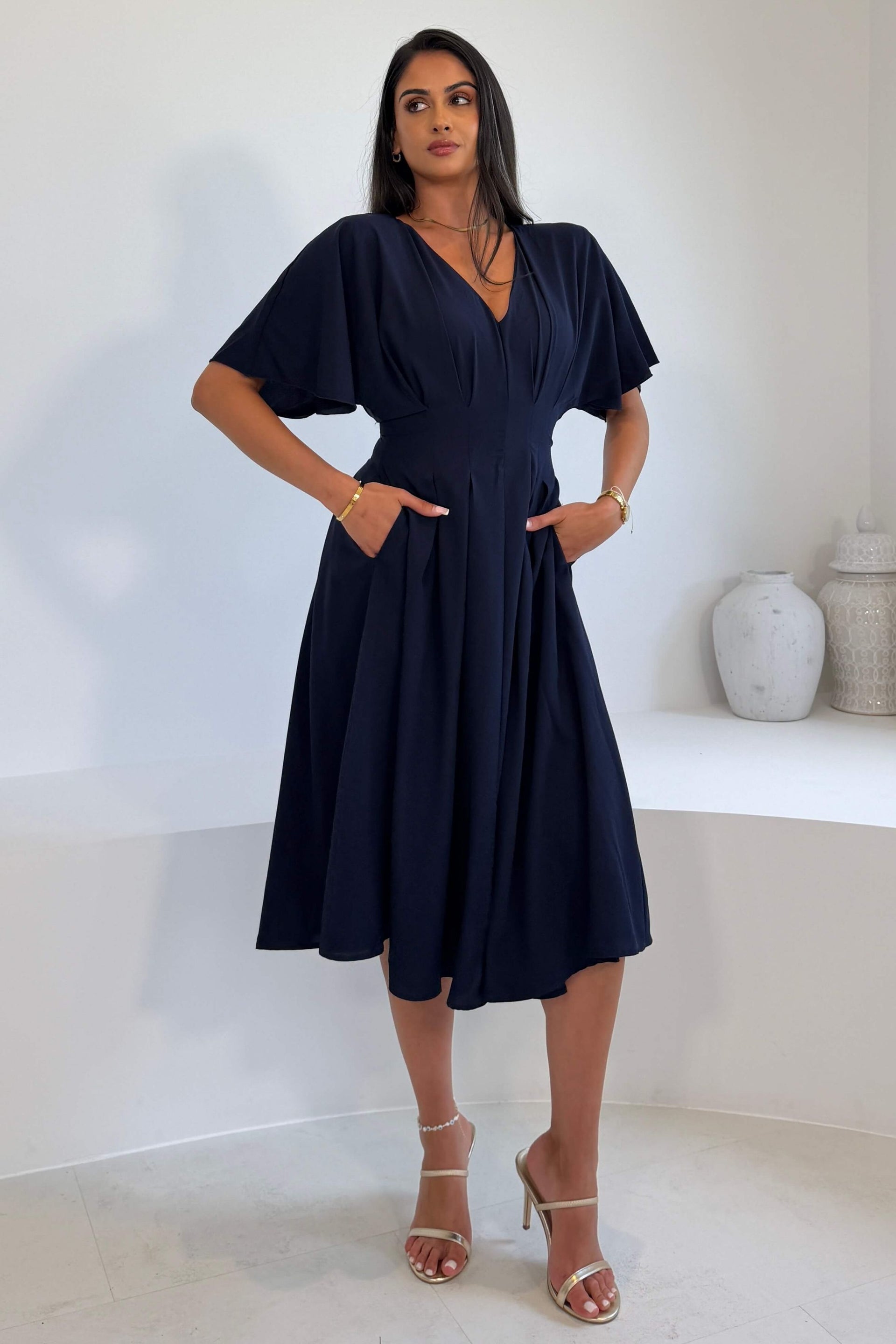 Laura V-Neck Short Sleeve Flowy Navy Midi Dress