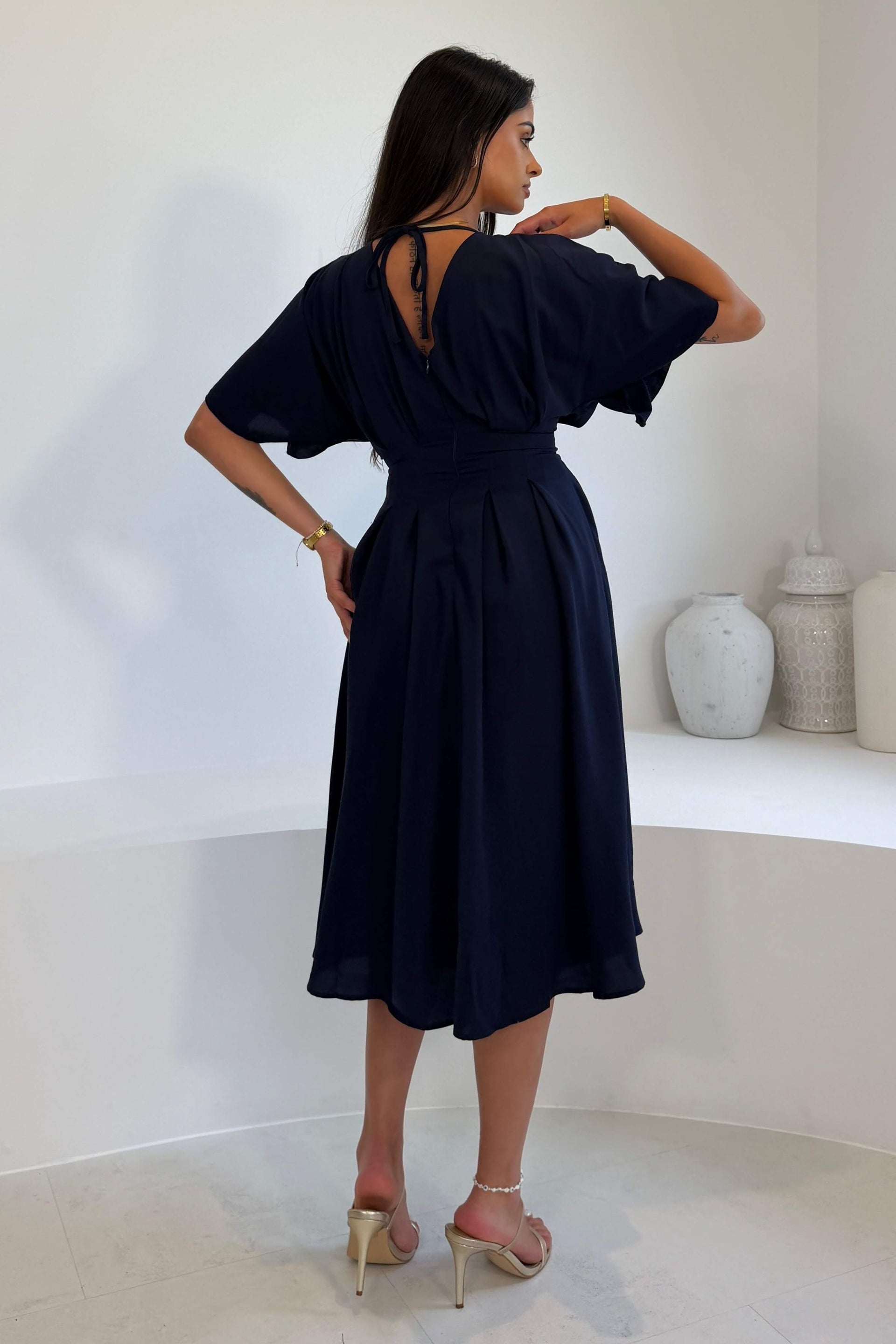 laura navy blue dress Laura Long Sleeve Open Tie Back Mini Dress Shop American Threads Navy / M