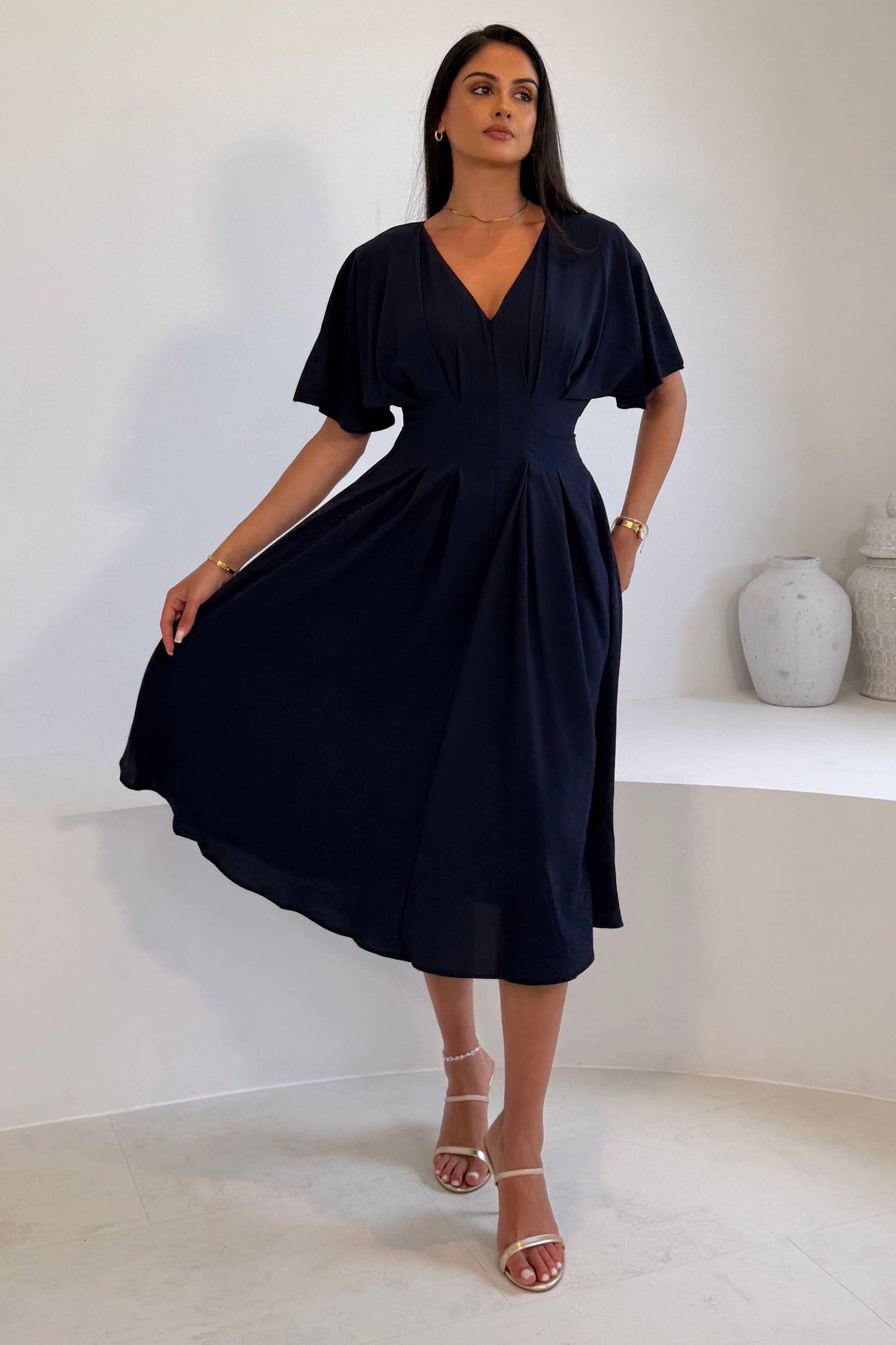 Laura V-Neck Short Sleeve Flowy Navy Midi Dress