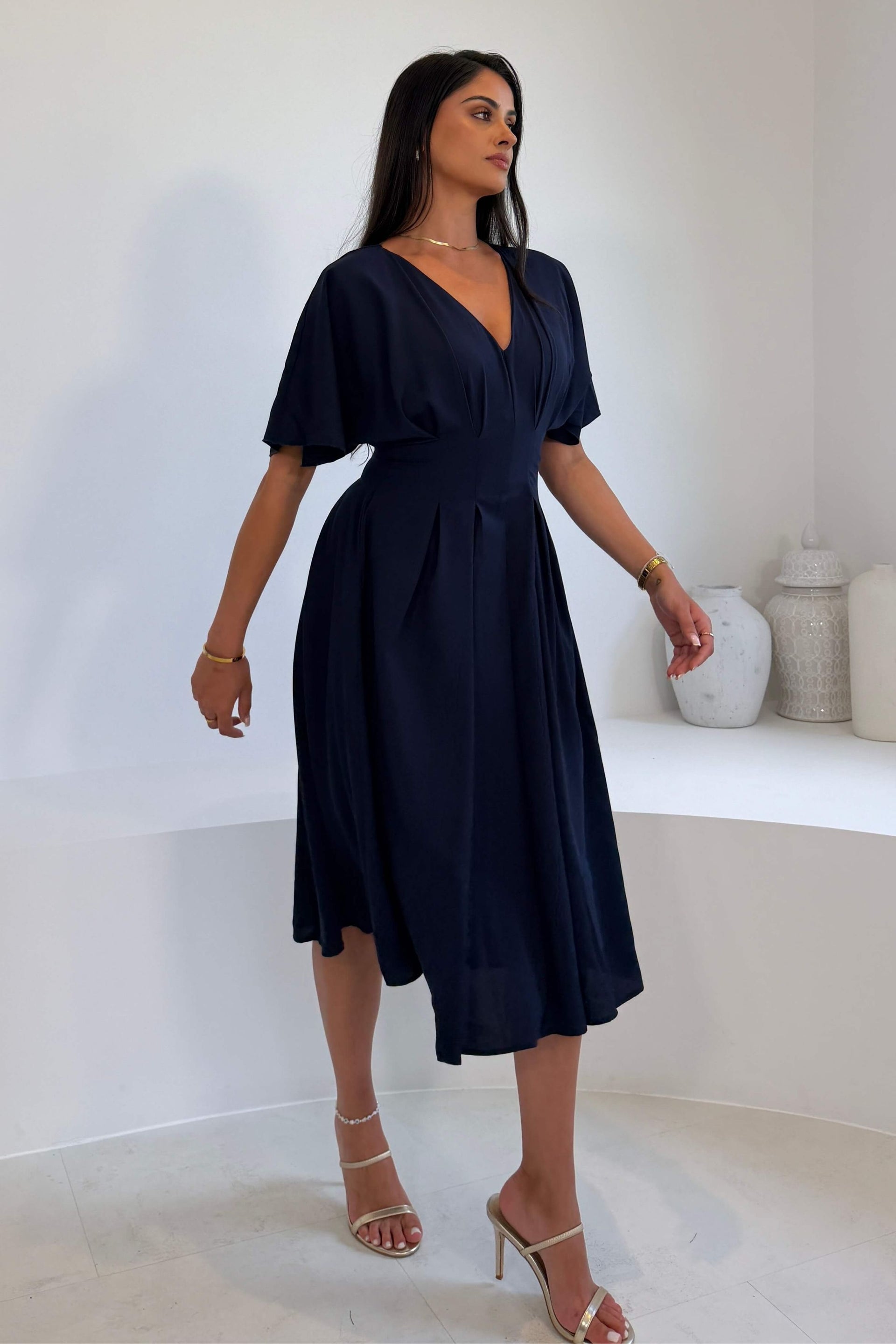 Laura V-Neck Short Sleeve Flowy Navy Midi Dress