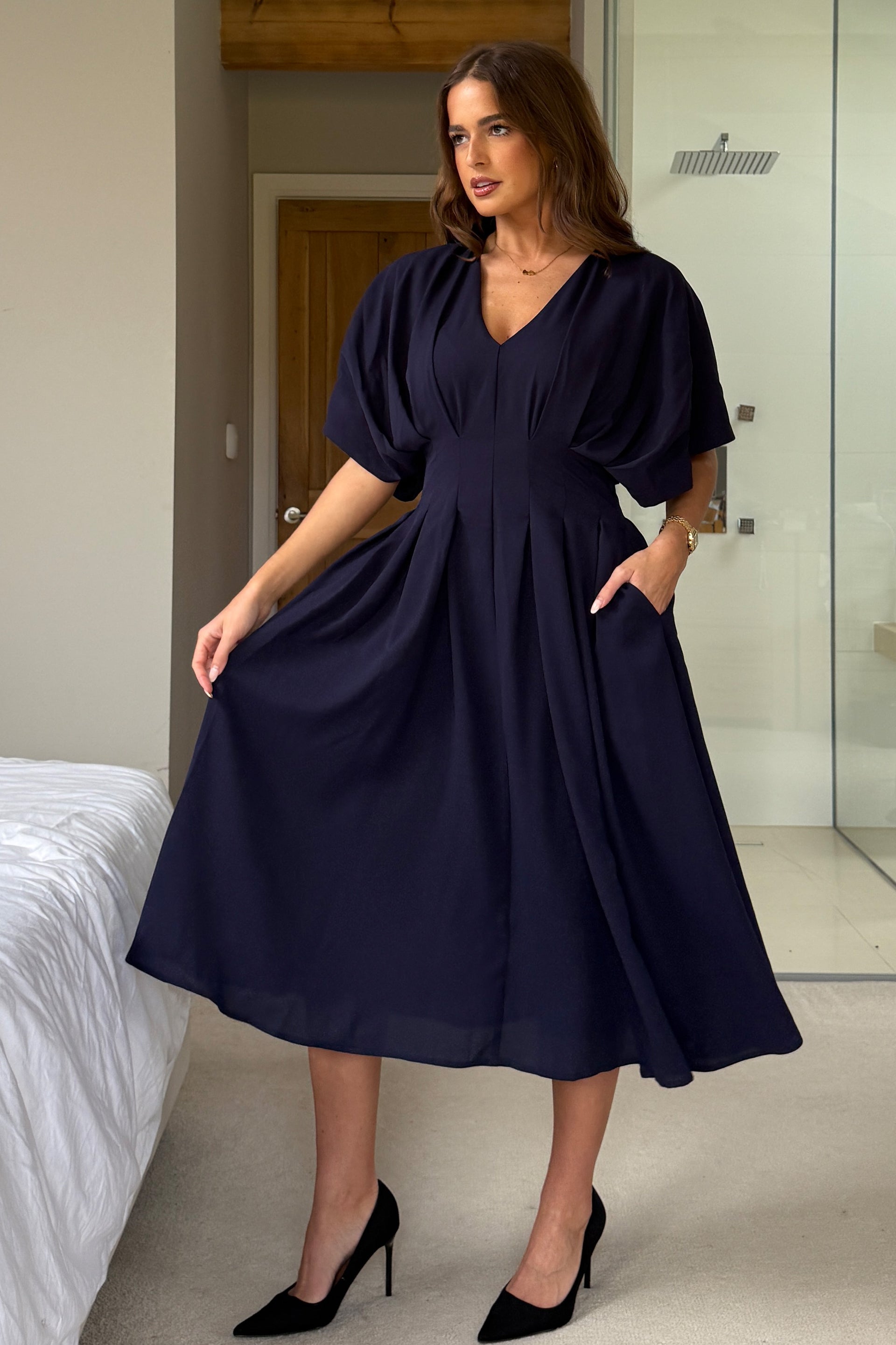 Laura V-Neck Short Sleeve Flowy Navy Midi Dress