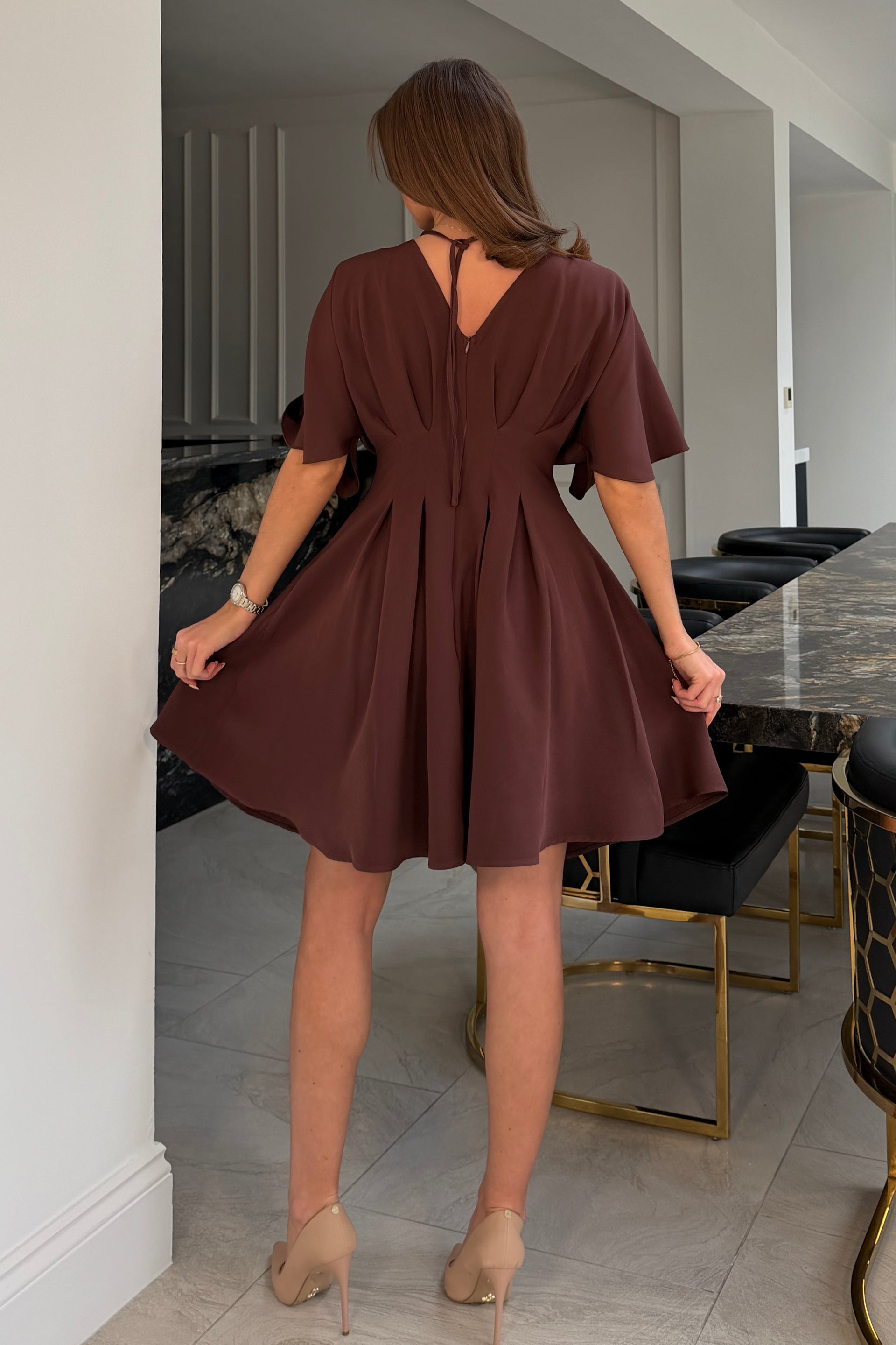 Laura V-Neck Short Sleeve Flowy Brown Mini Dress Girl In Mind Laura V-Neck Short Sleeve Flowy Brown Mini Dress Girl In Mind