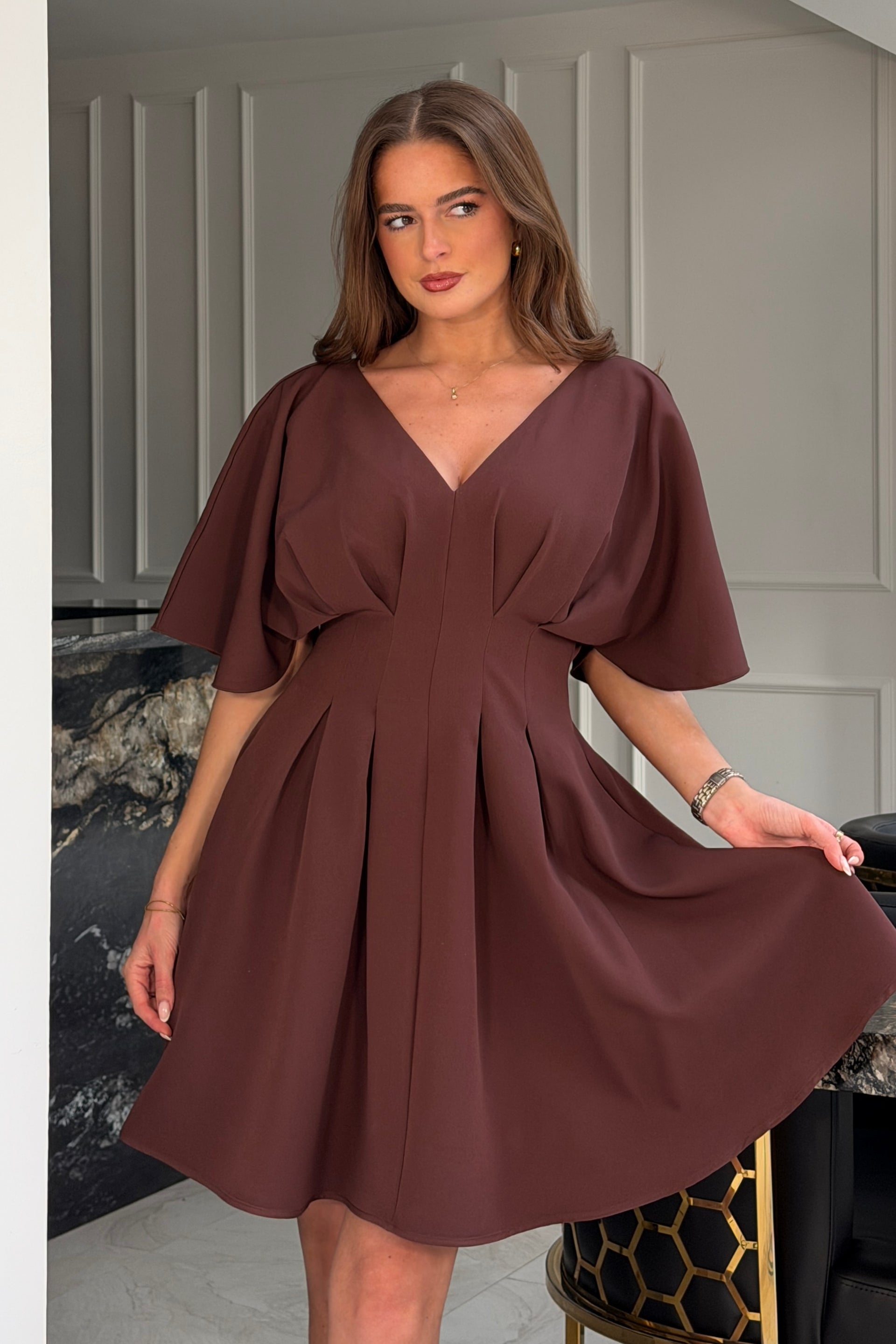 brown low cut dress Eye-Catching Silhouette Dark Brown Cowl Neck Halter Maxi Dress