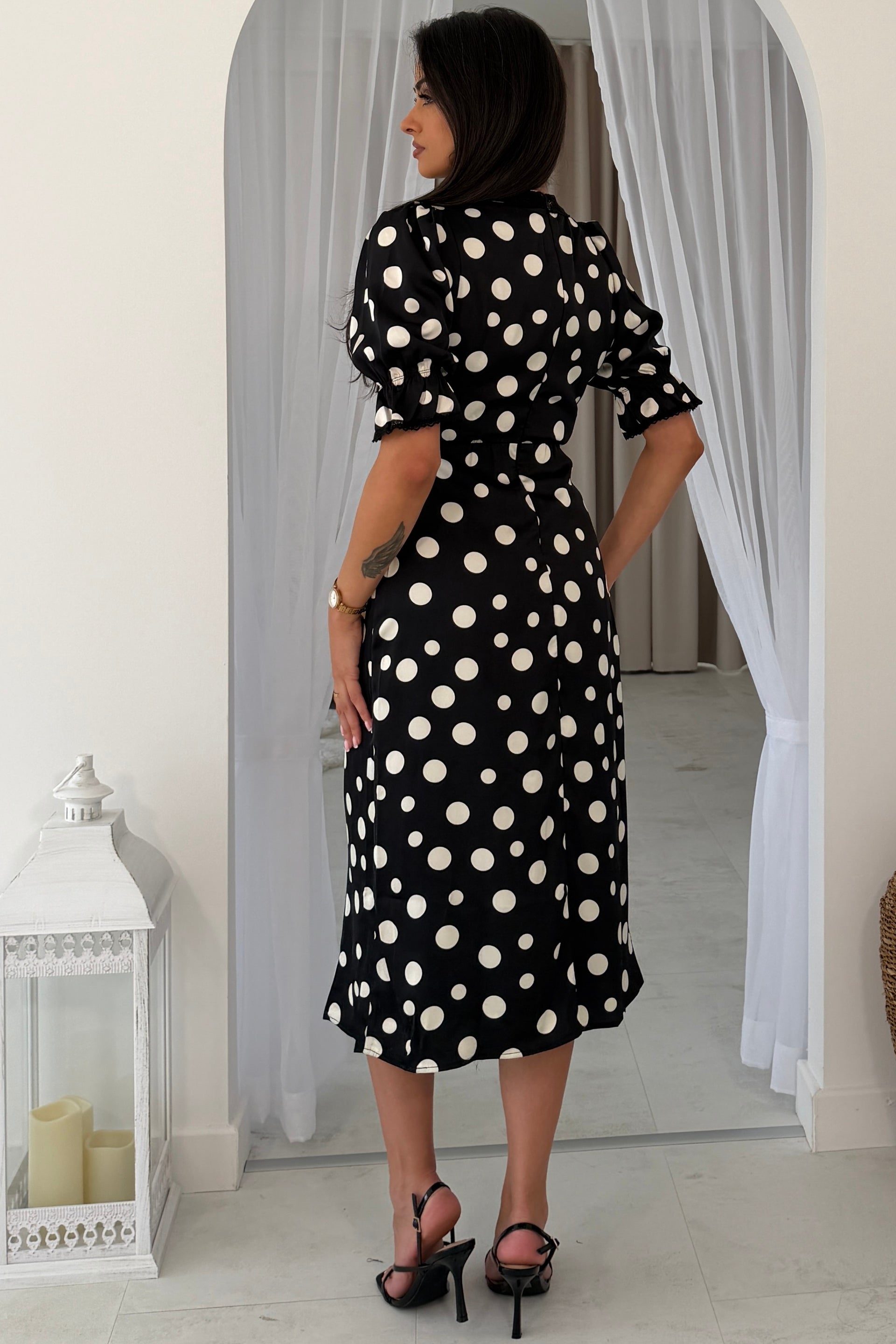 Sharon V-Neck Puff Sleeve Black Polka Midi Dress