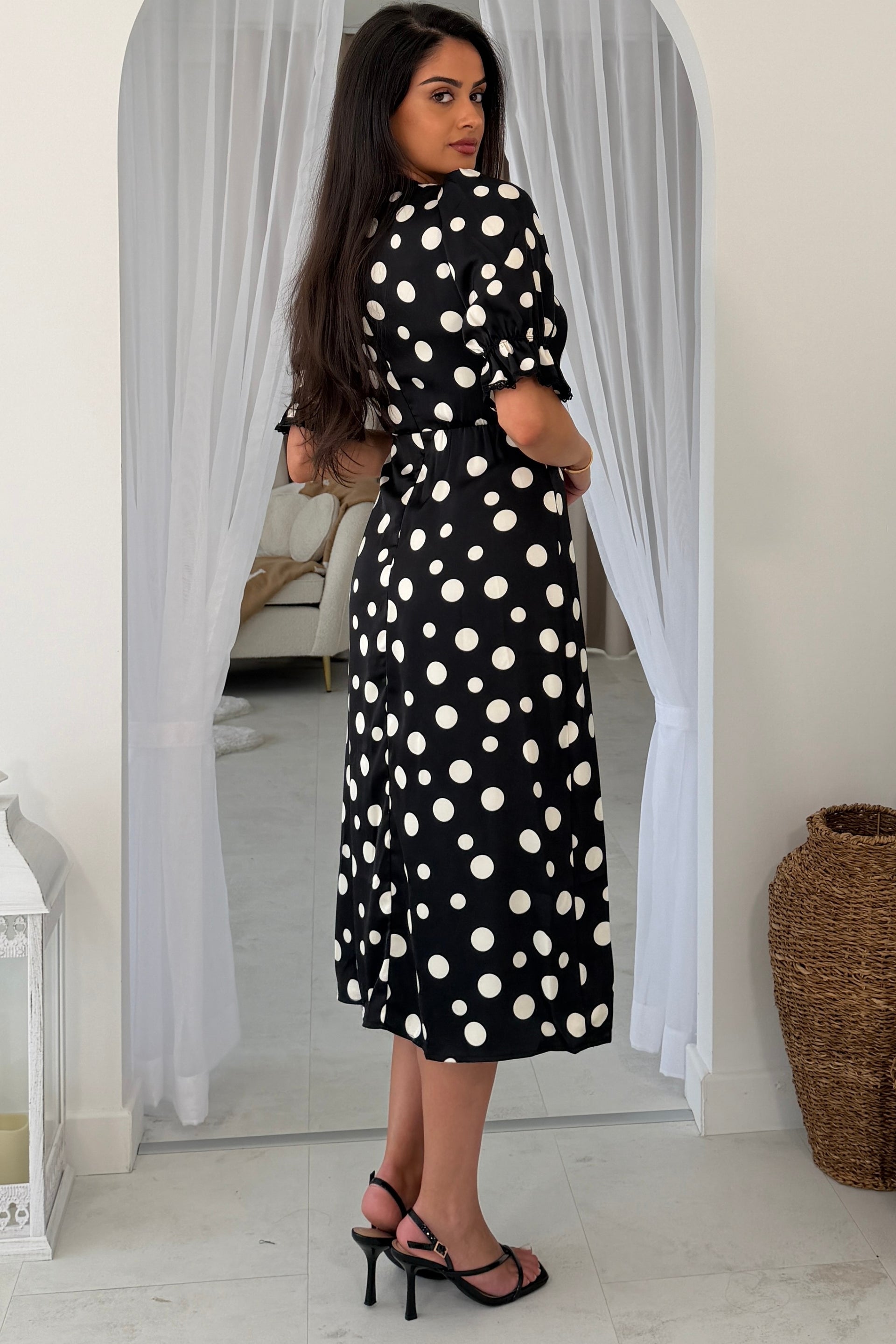 Sharon V-Neck Puff Sleeve Black Polka Midi Dress