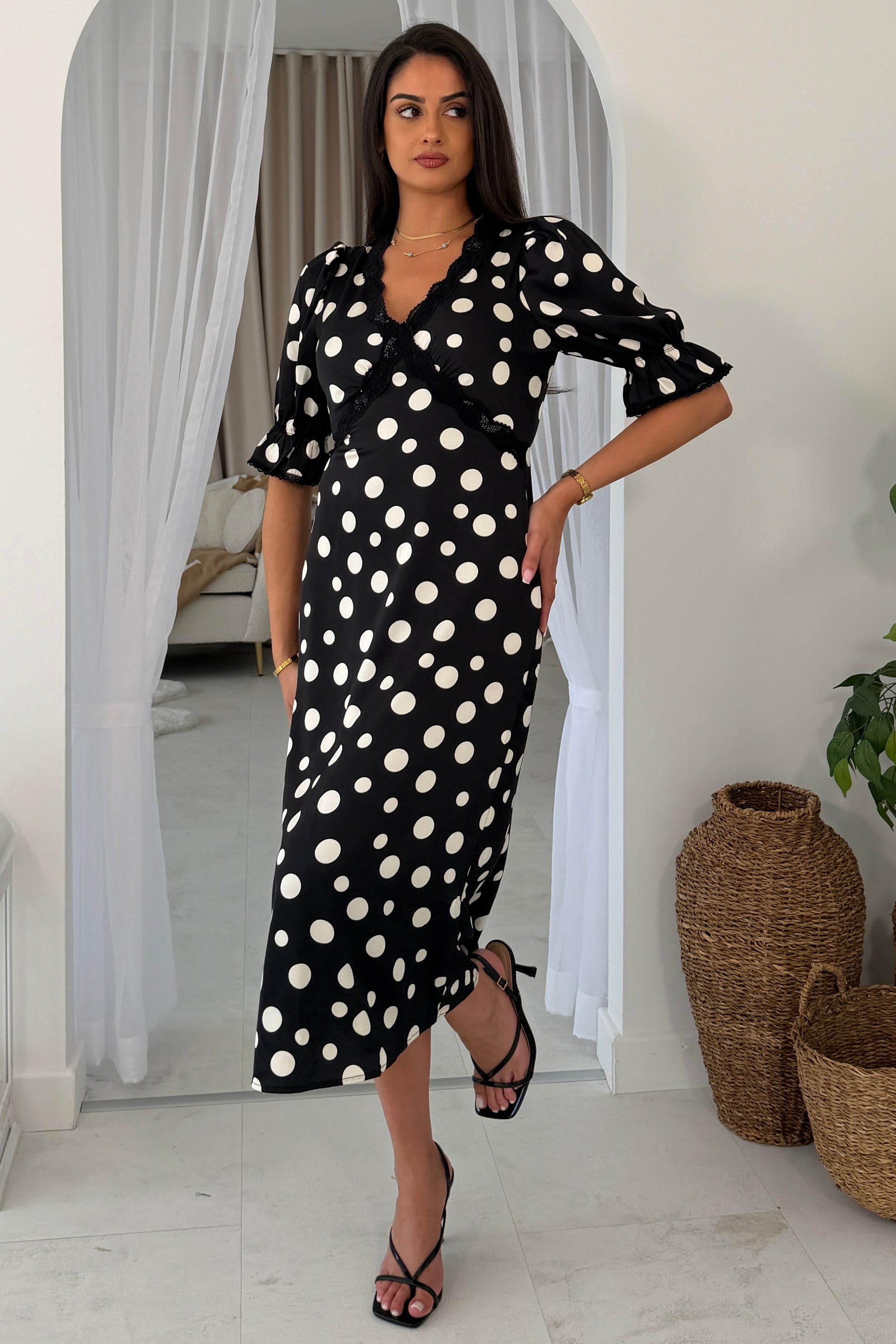 Sharon V-Neck Puff Sleeve Black Polka Midi Dress