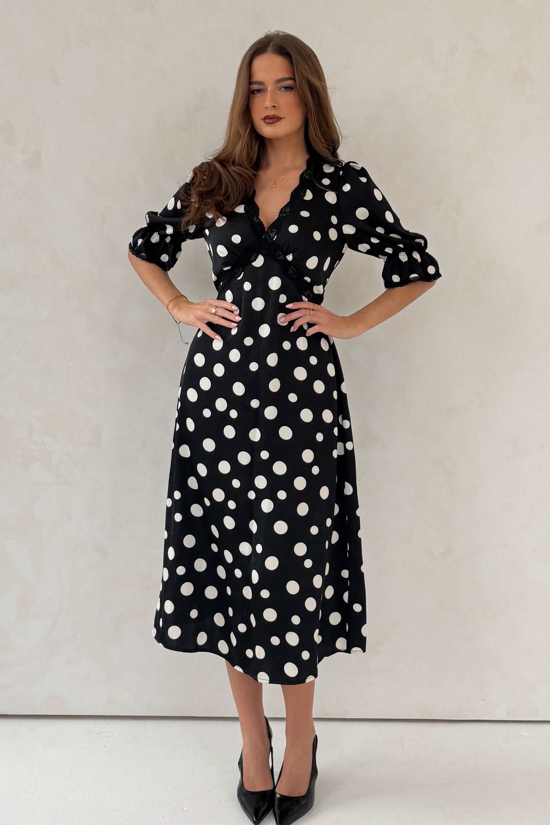Sharon V-Neck Puff Sleeve Black Polka Midi Dress