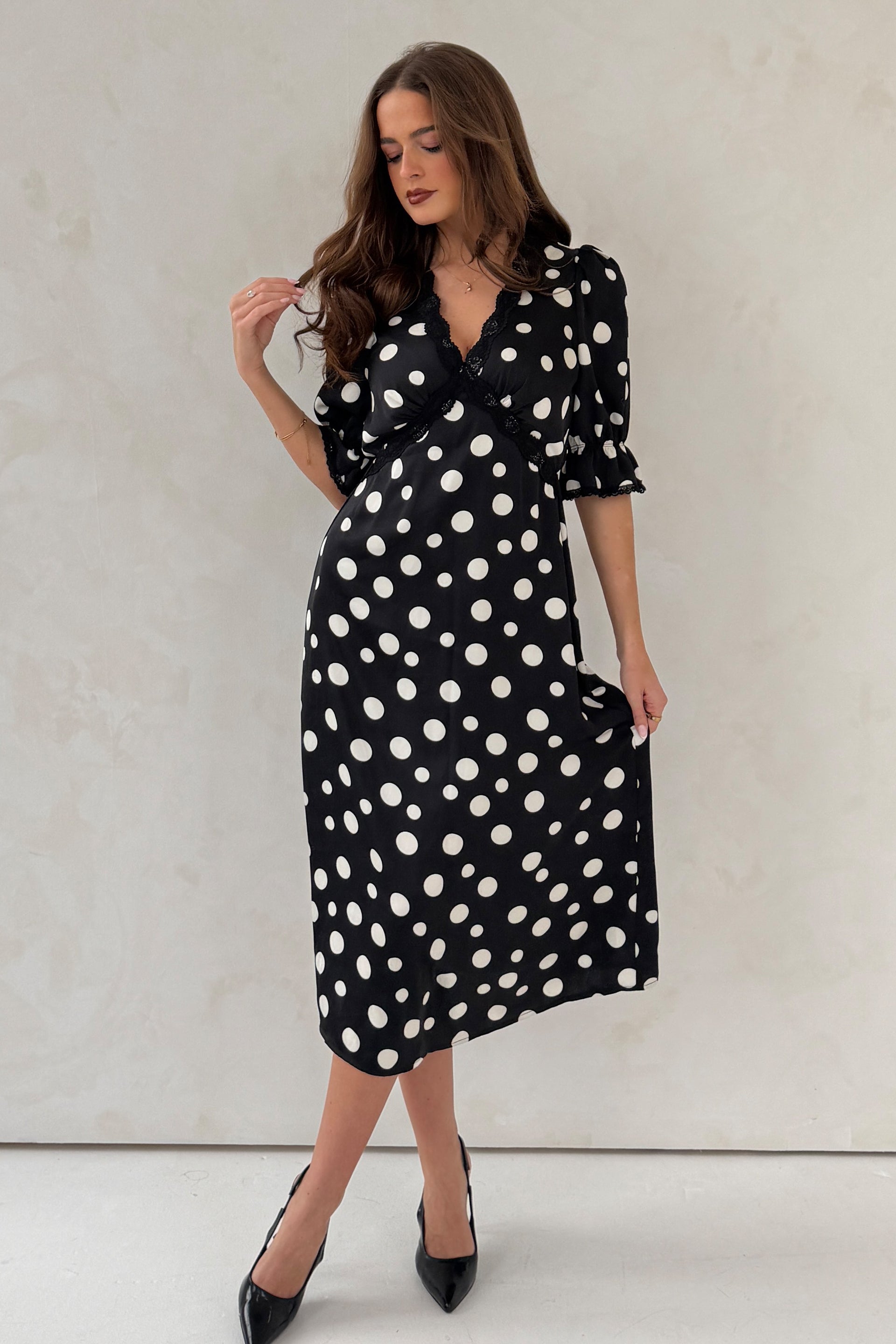 Sharon V-Neck Puff Sleeve Black Polka Midi Dress