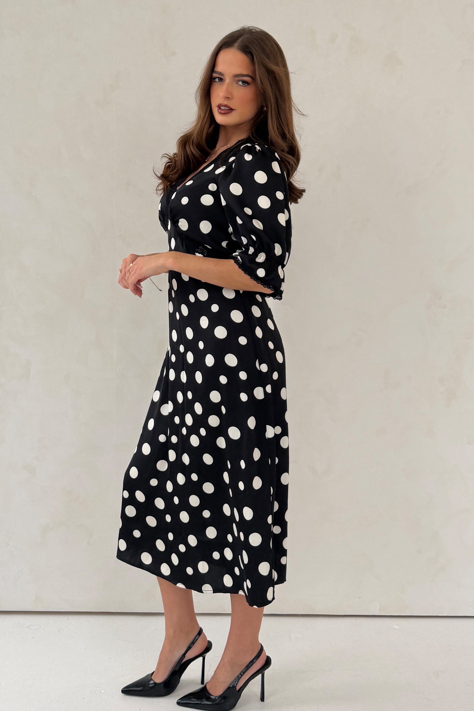 Sharon V-Neck Puff Sleeve Black Polka Midi Dress Girl In Mind Sharon V-Neck Puff Sleeve Black Polka Midi Dress Girl In Mind